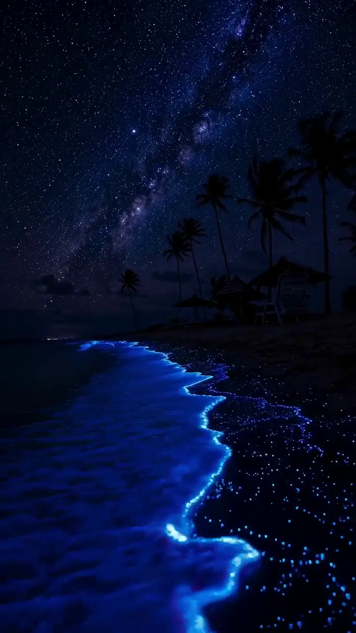 Bioluminescent Beach and Starry Night Sky 4K Wallpaper