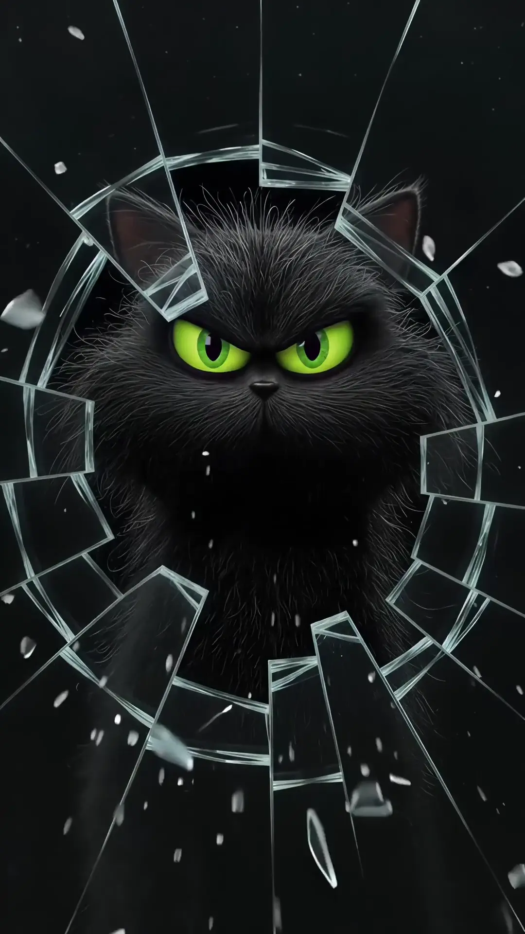 Furious Green Eyed Black Cat With Broken Glass Live Wallpape