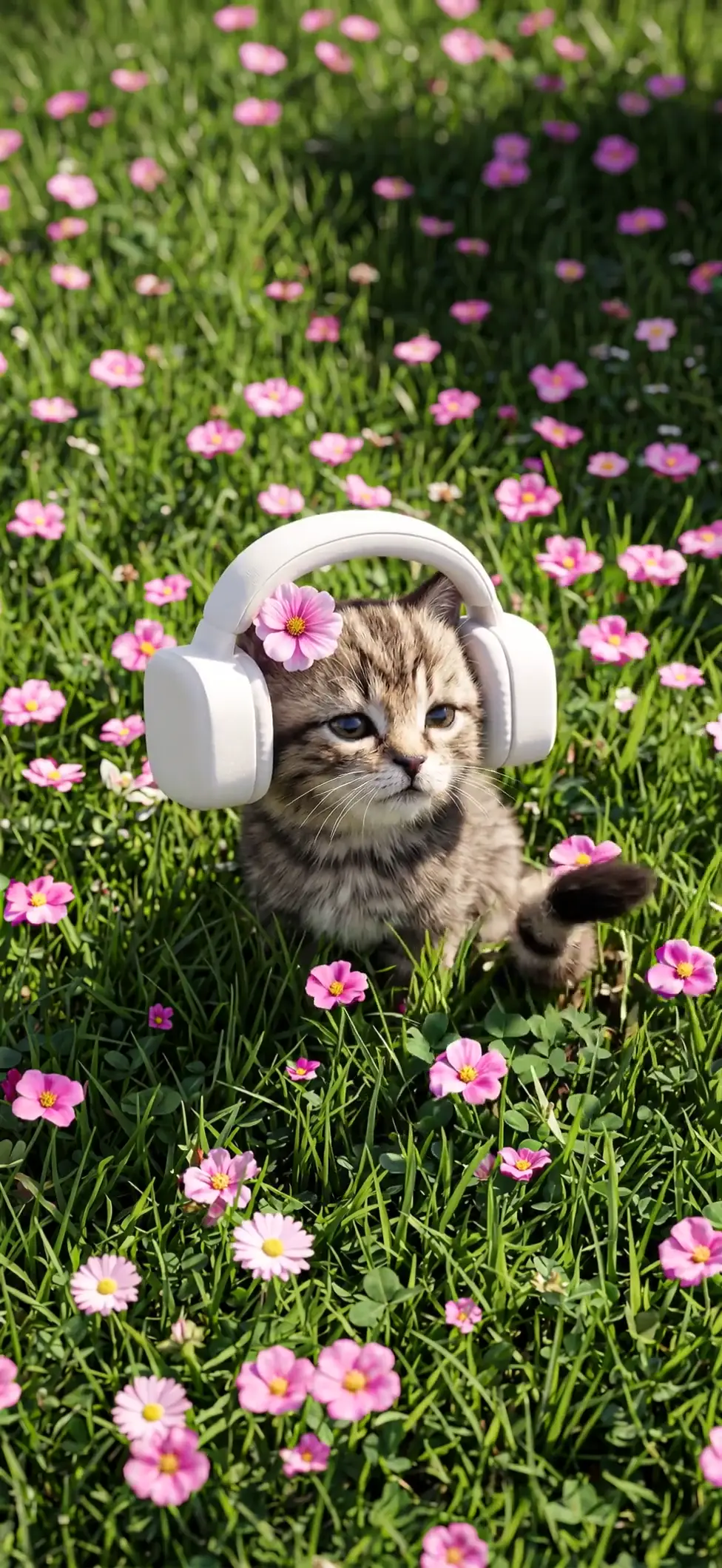 戴耳机萌猫花海动态壁纸