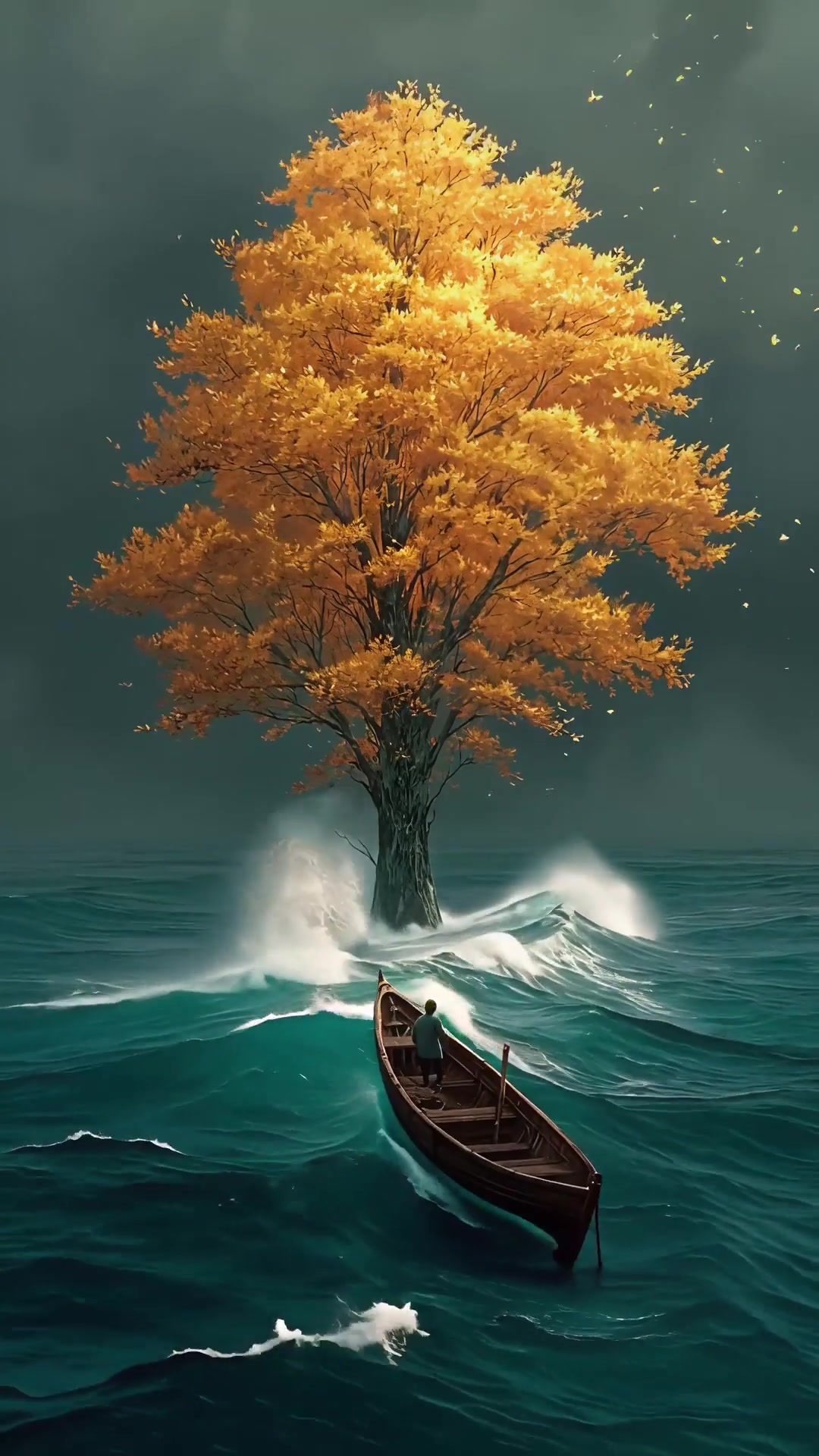 Golden Tree and Boat on Ocean Waves