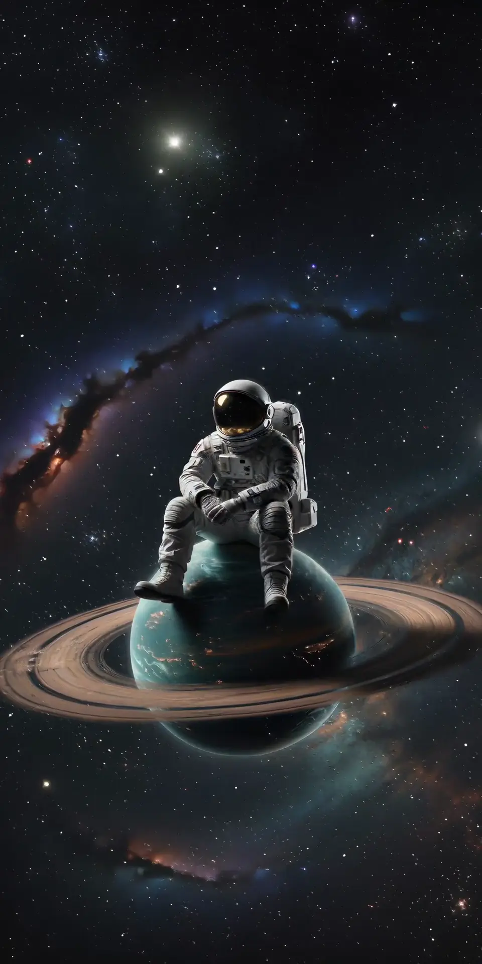 Astronaut Sitting on Ringed Planet in Deep Space Art