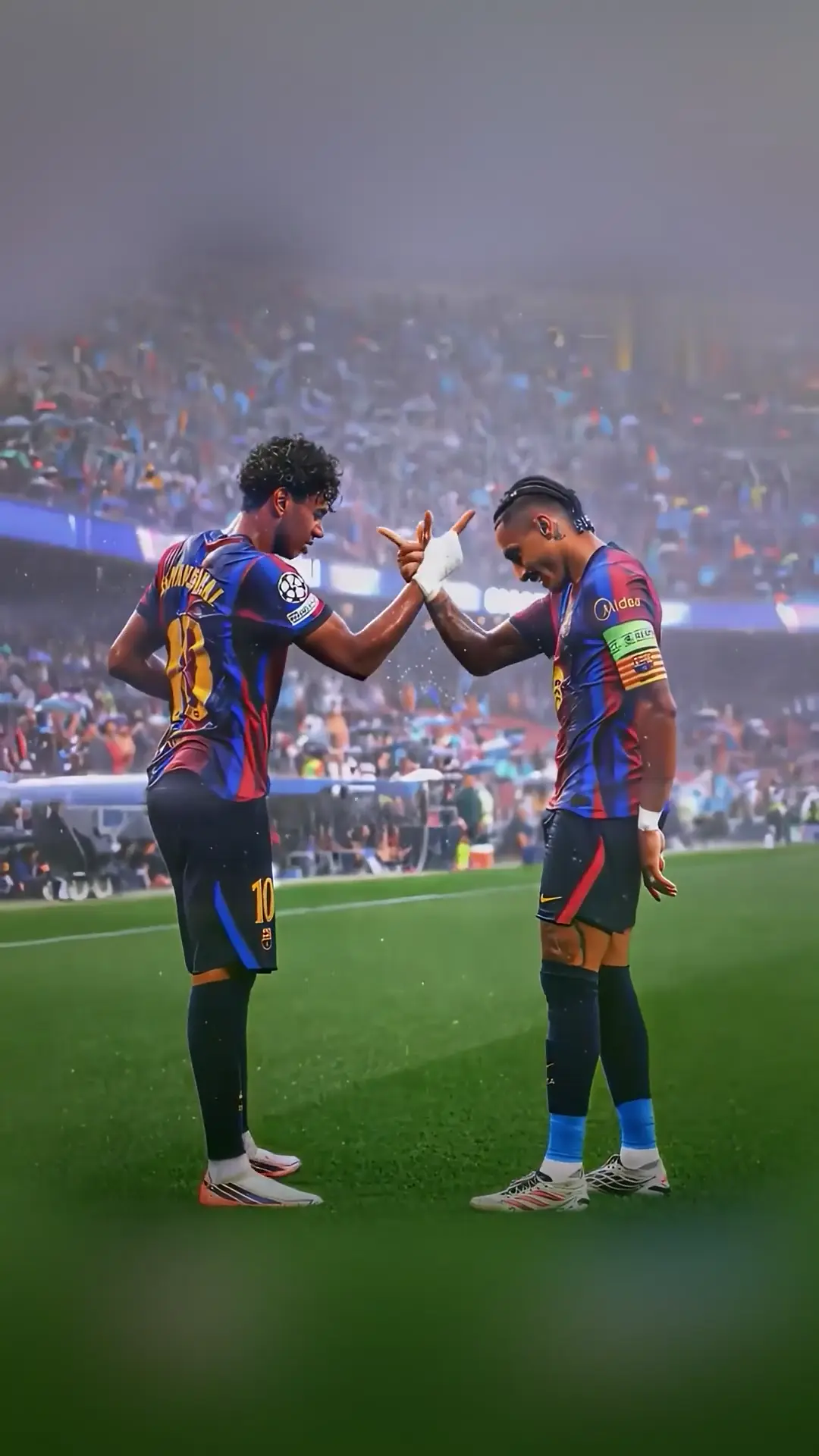 FC Barcelona Stars Celebrate Goal in Stadium Wallpaper
