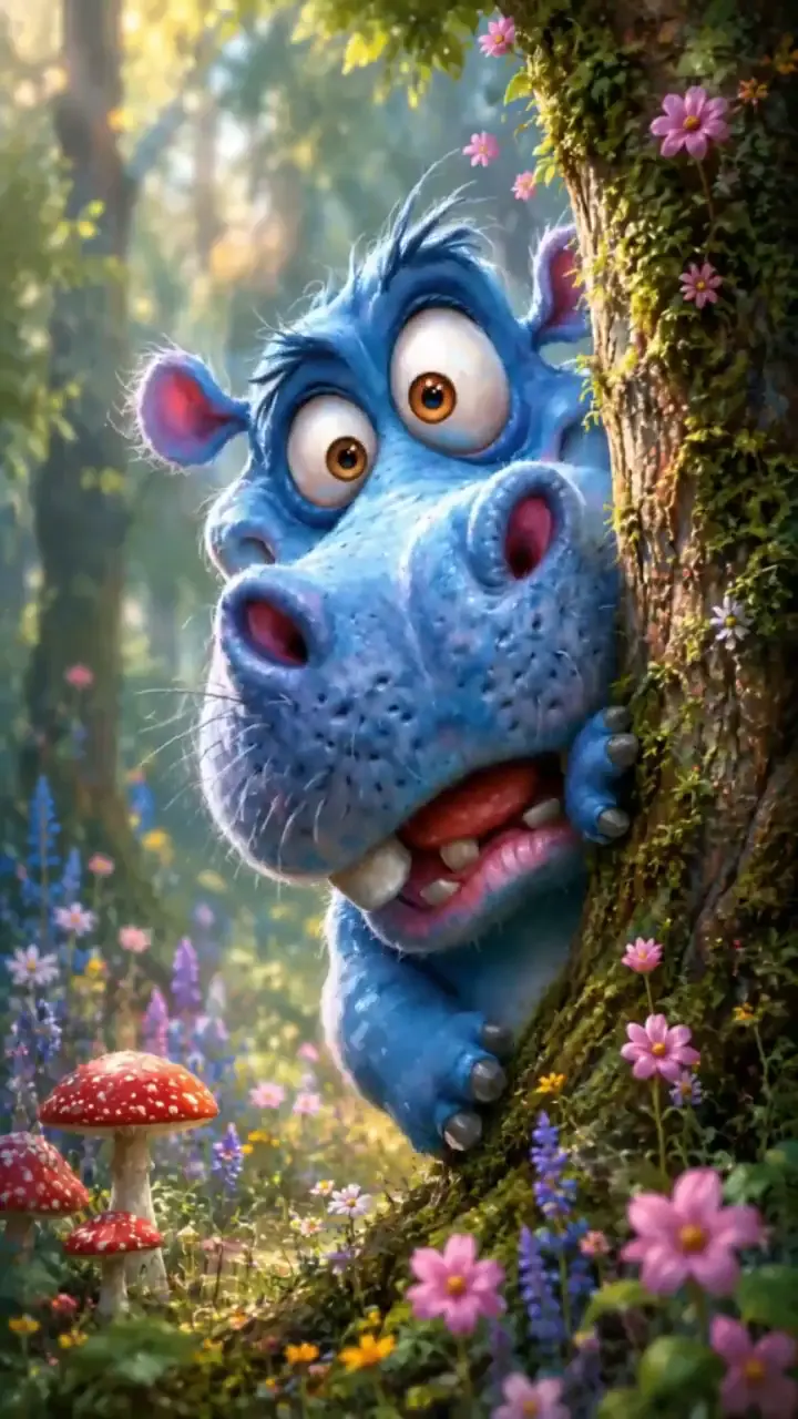 Curious Blue Hippo Cartoon in Colorful Forest Wallpaper
