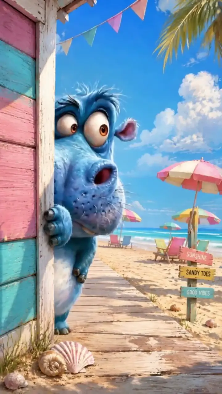 Curious Cartoon Hippo at the Beach Live Wallpaper