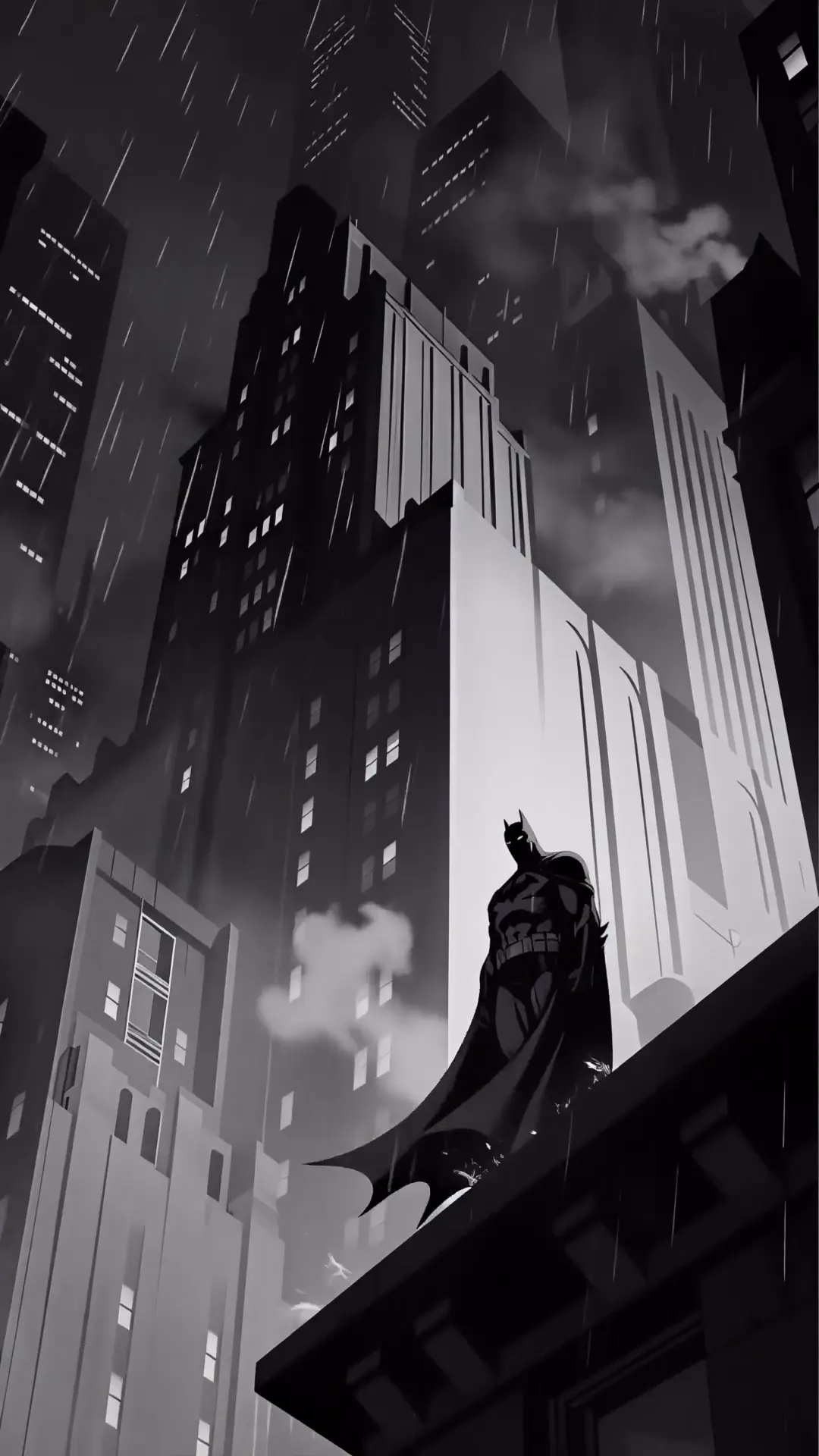 Batman Standing on Gotham Rooftop in Rain 4K Wallpaper