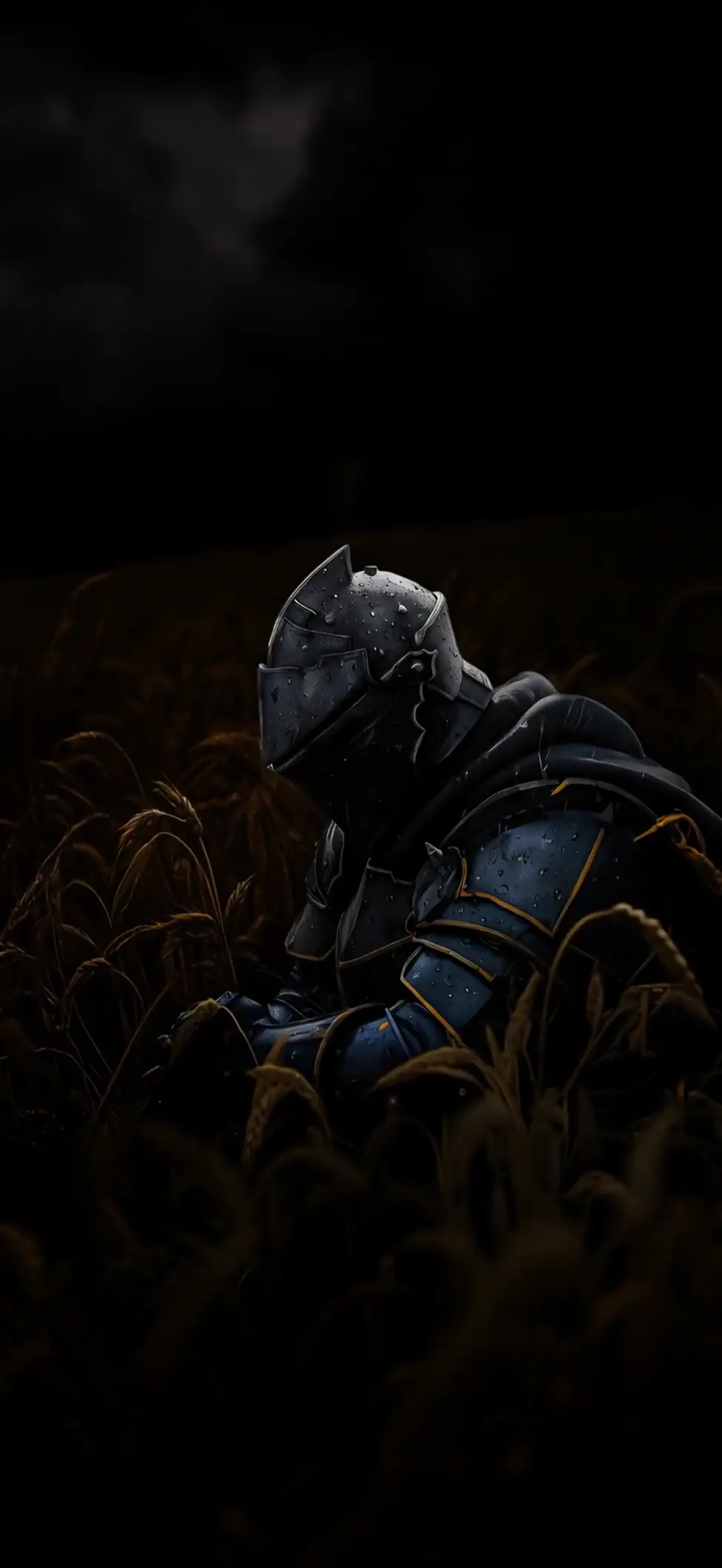 Epic Knight in Rainy Wheat Field Fantasy Wallpaper
