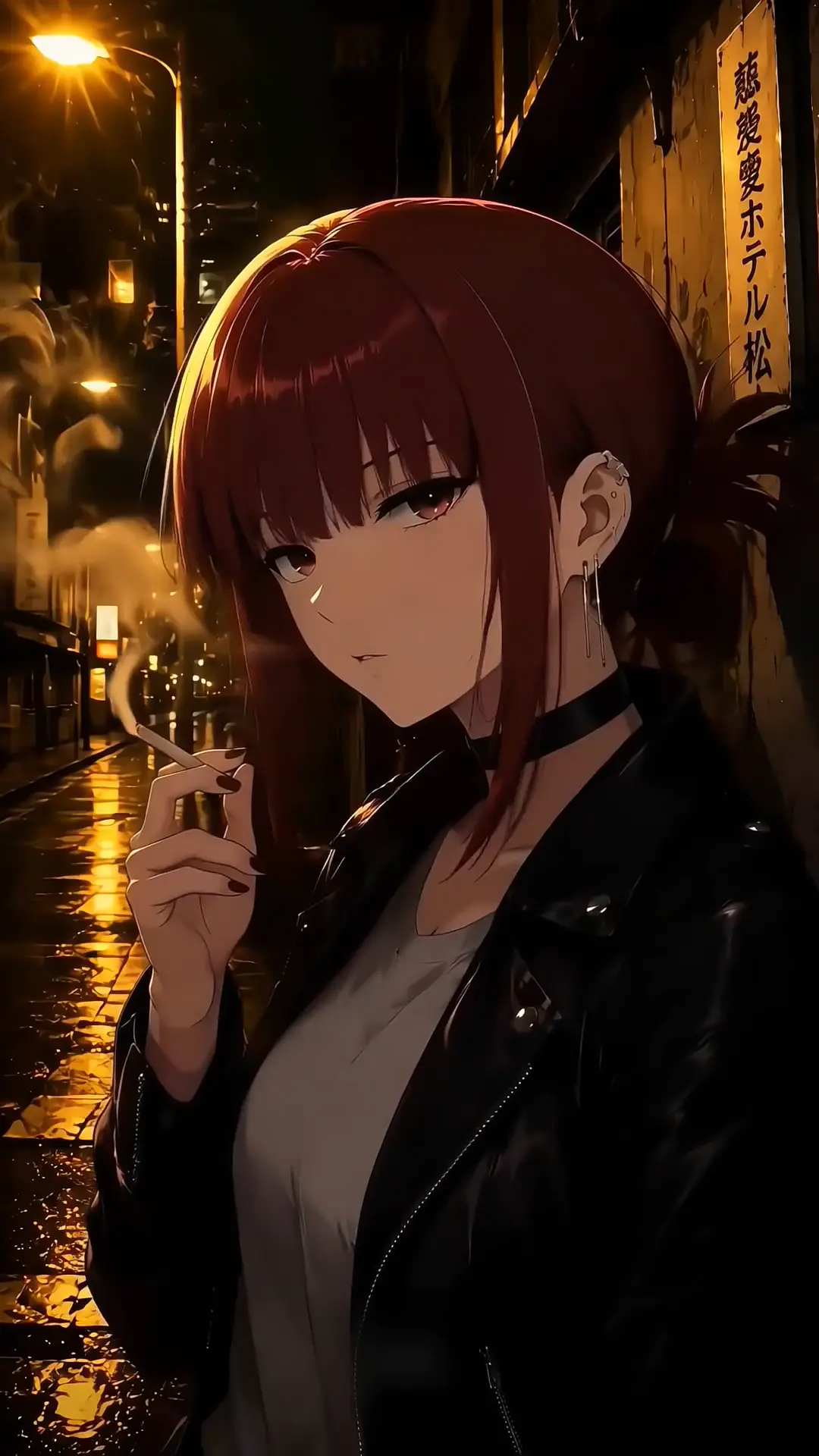 Anime Girl Smoking on Rainy Urban Night Live Wallpaper
