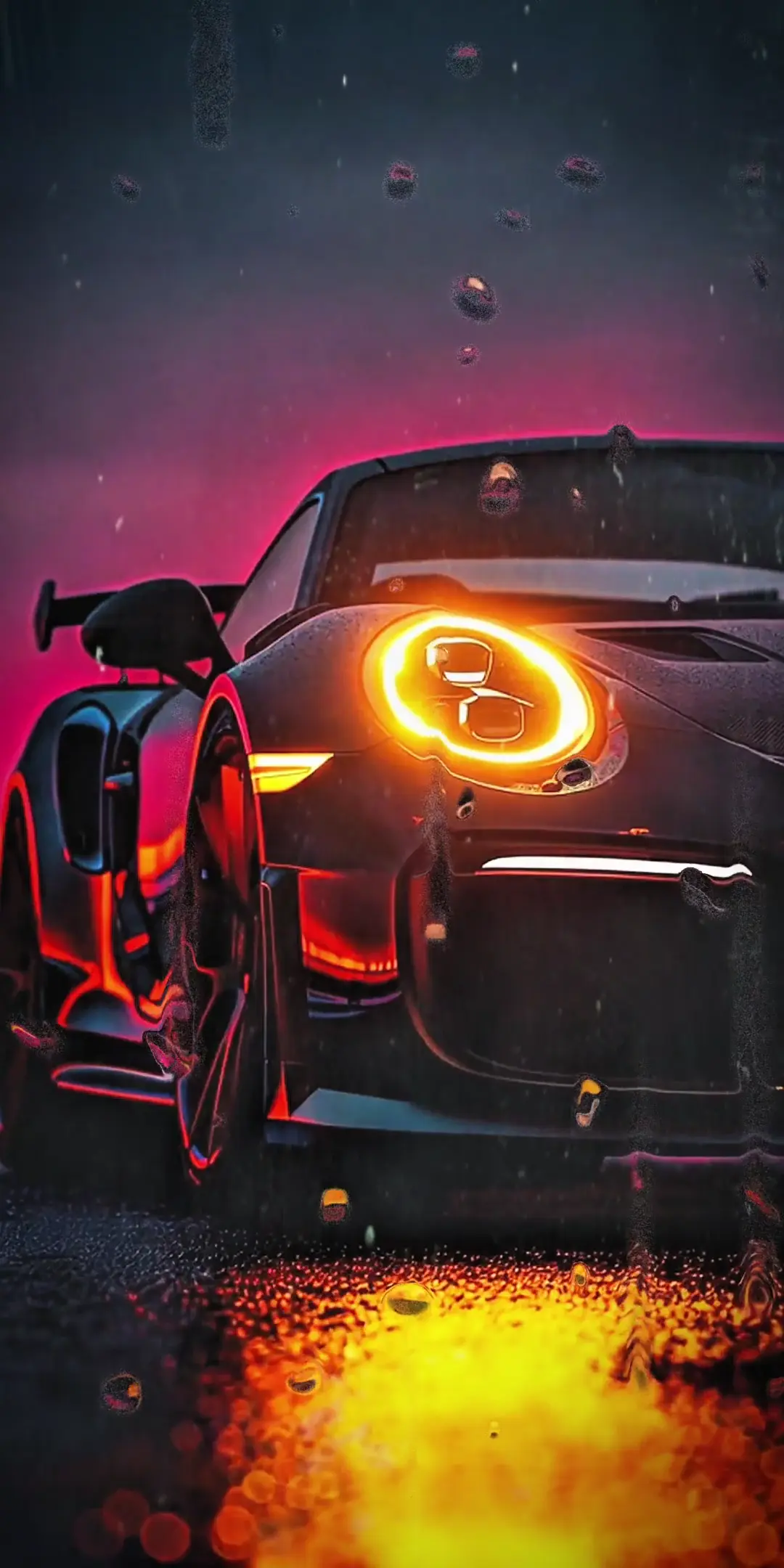 Neon Porsche Sports Car in Rain Animated Wallpaper