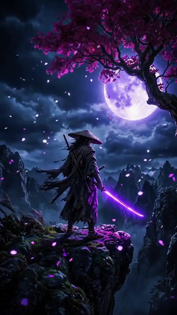 Samurai in Purple Moonlight Fantasy Live Wallpaper