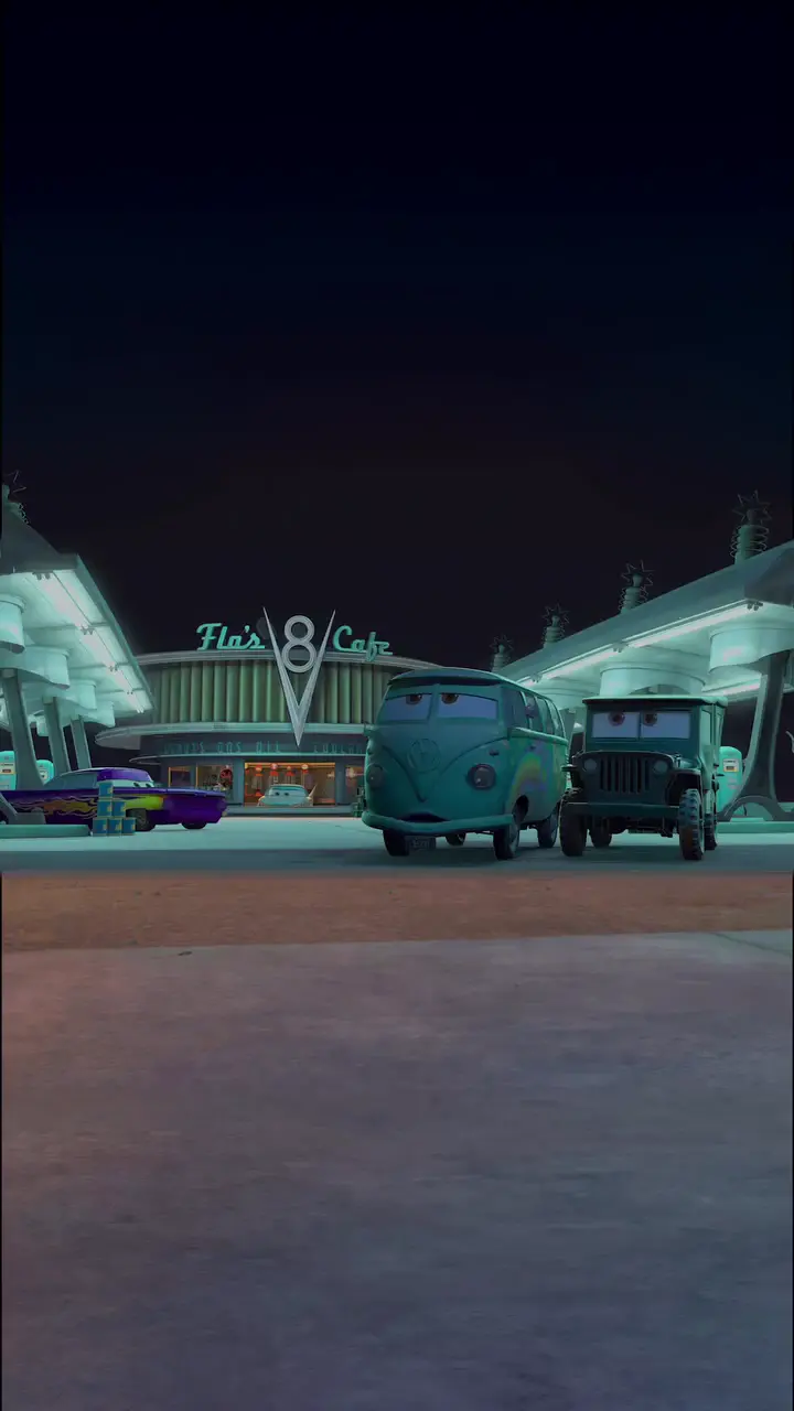 Fillmore and Sarge at Flo's Café Cars Movie 4K Wallpaper