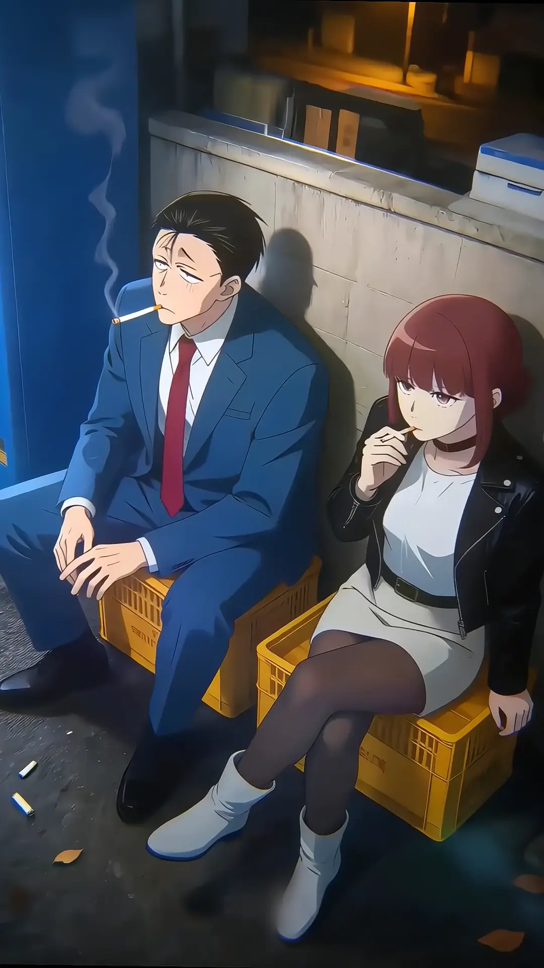 Anime Couple Smoking in Urban Night Scene Wallpaper