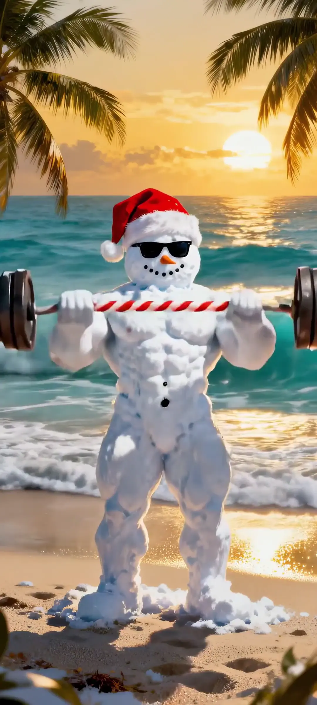 Muscular Snowman Lifting Candy Cane Barbell at Sunset
