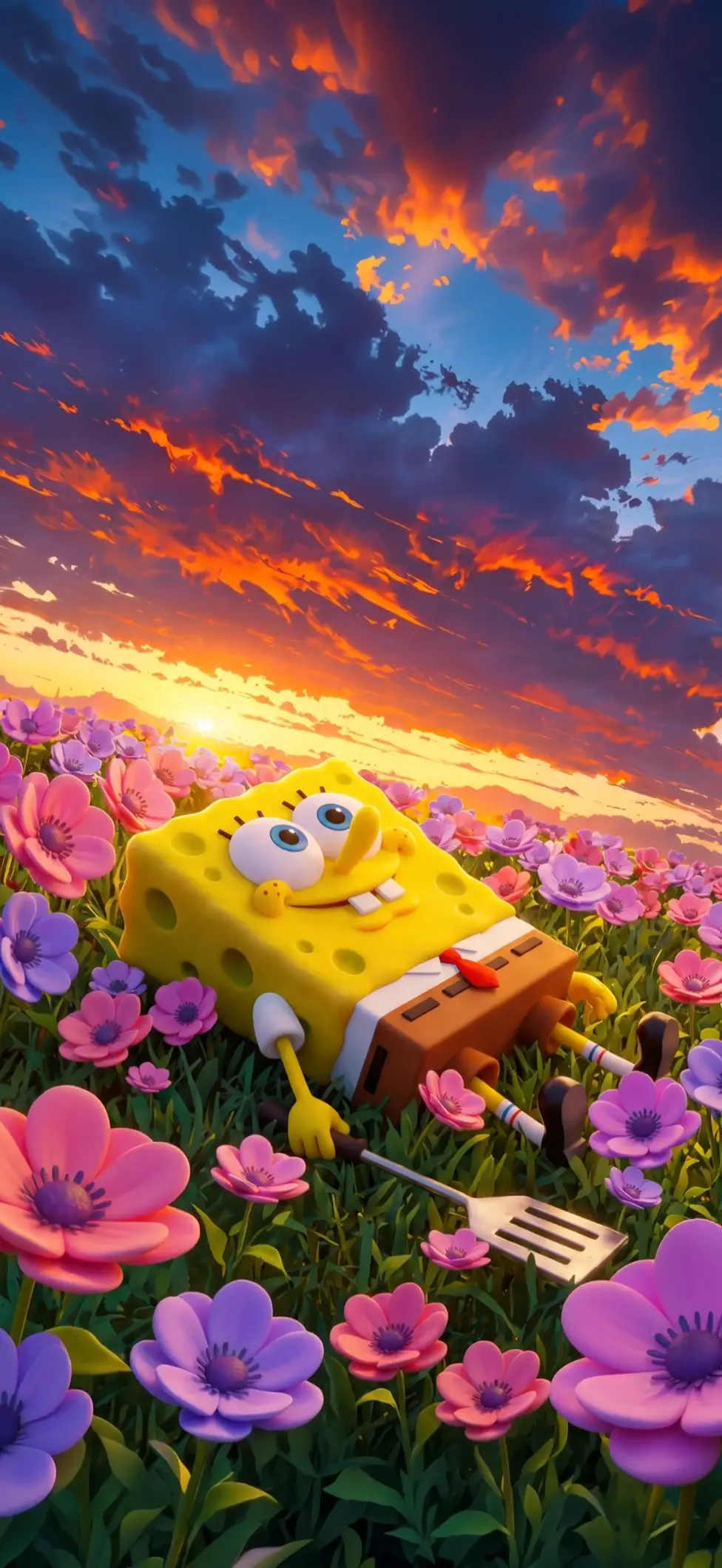 Spongebob Sunset Flower Field 4K Live Wallpaper