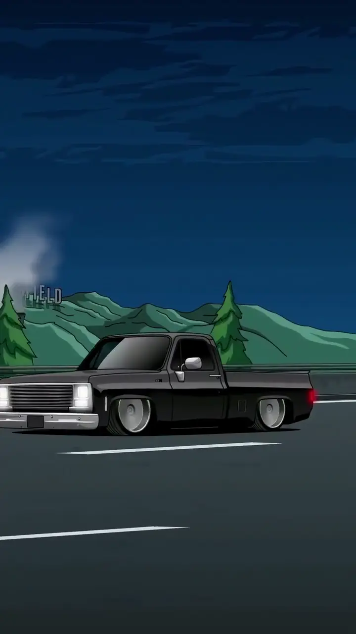 Cartoon Black Lowered Pickup Truck Night 4K Wallpaper