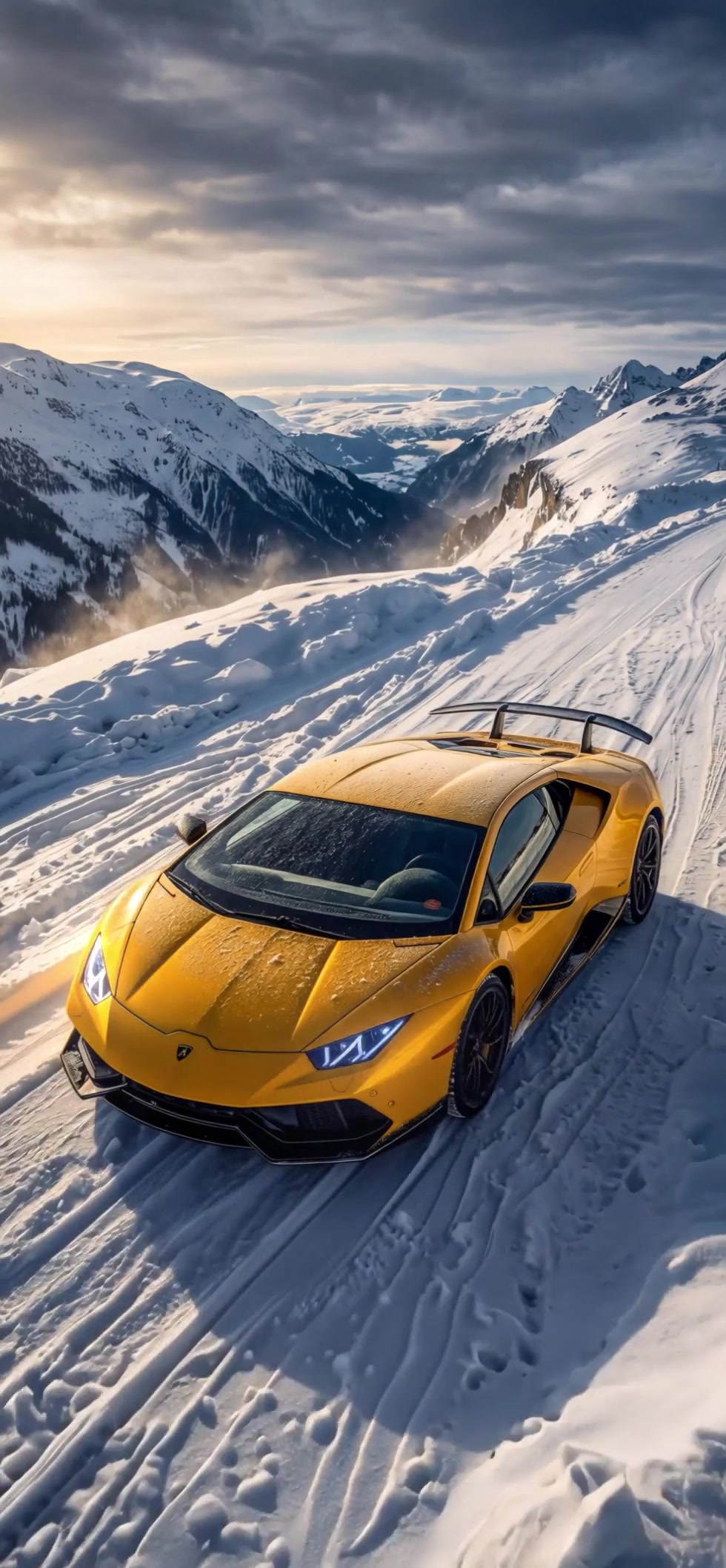 Yellow Supercar in Snowy Mountains