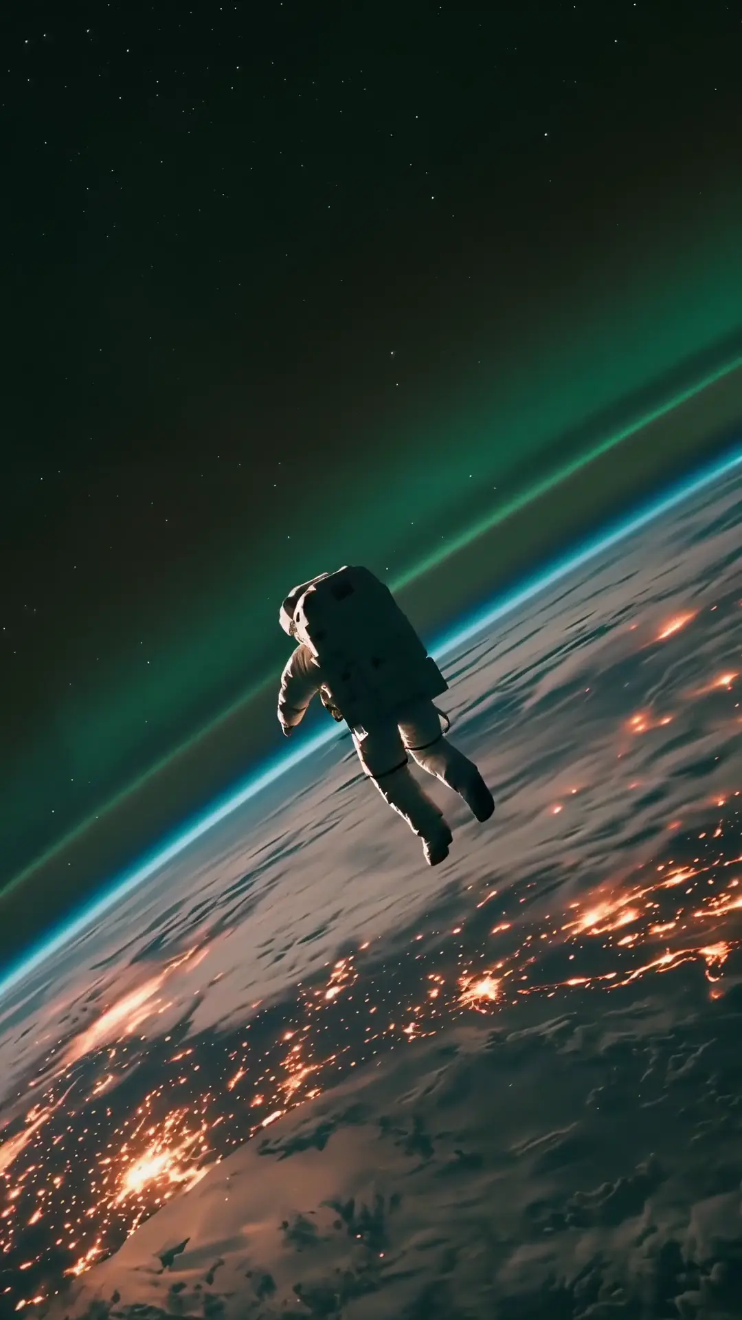 Astronaut Floating Above Earth with Aurora in Space