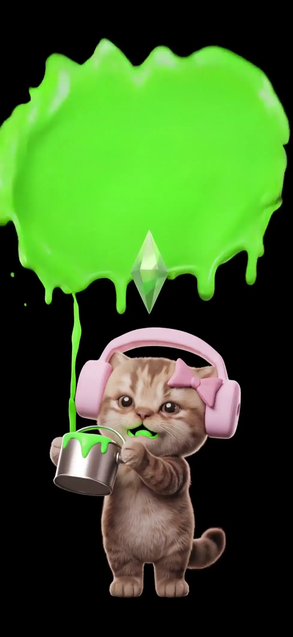Cute Kitten with Pink Headphones and Green Slime Wallpaper