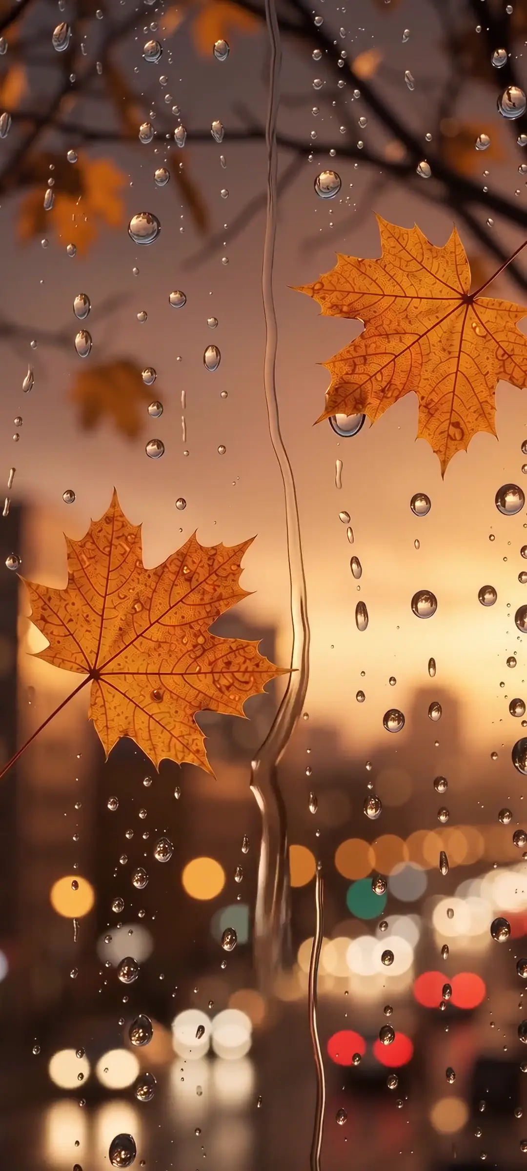 Autumn Maple Leaves and Rain on Window Live Wallpaper