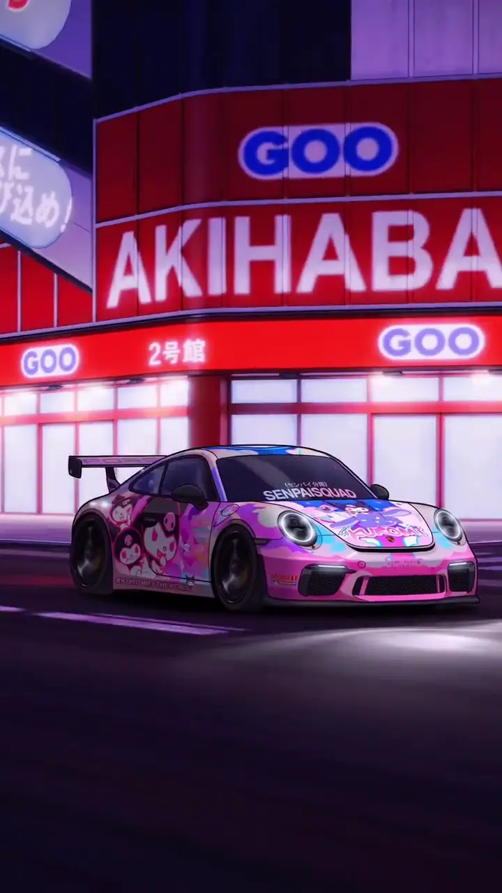 Anime Porsche Sports Car in Akihabara 4K Wallpaper