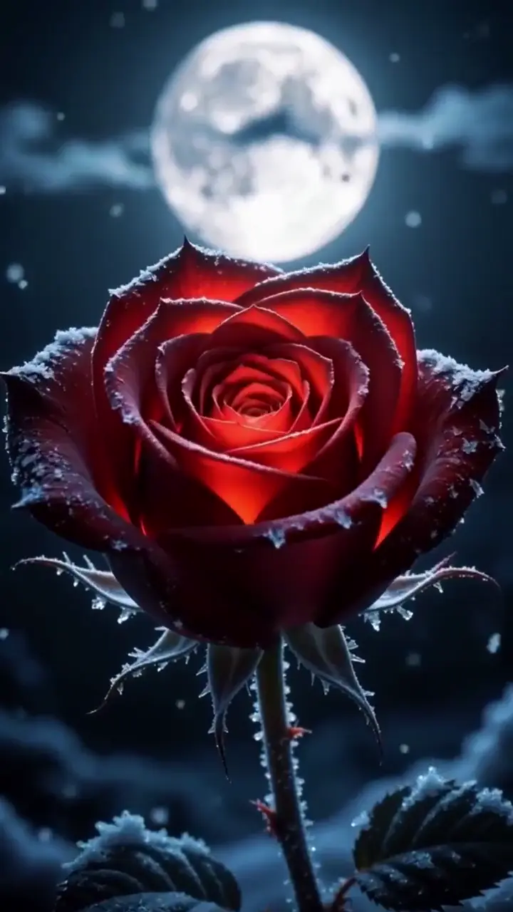 Glowing Frosted Red Rose Under Moonlight Wallpaper