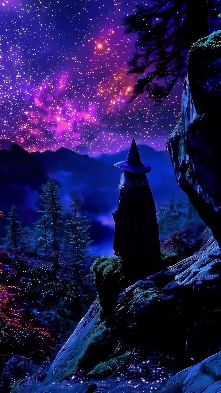 Mystical Wizard Under Starry Night Sky Fantasy Wallpaper