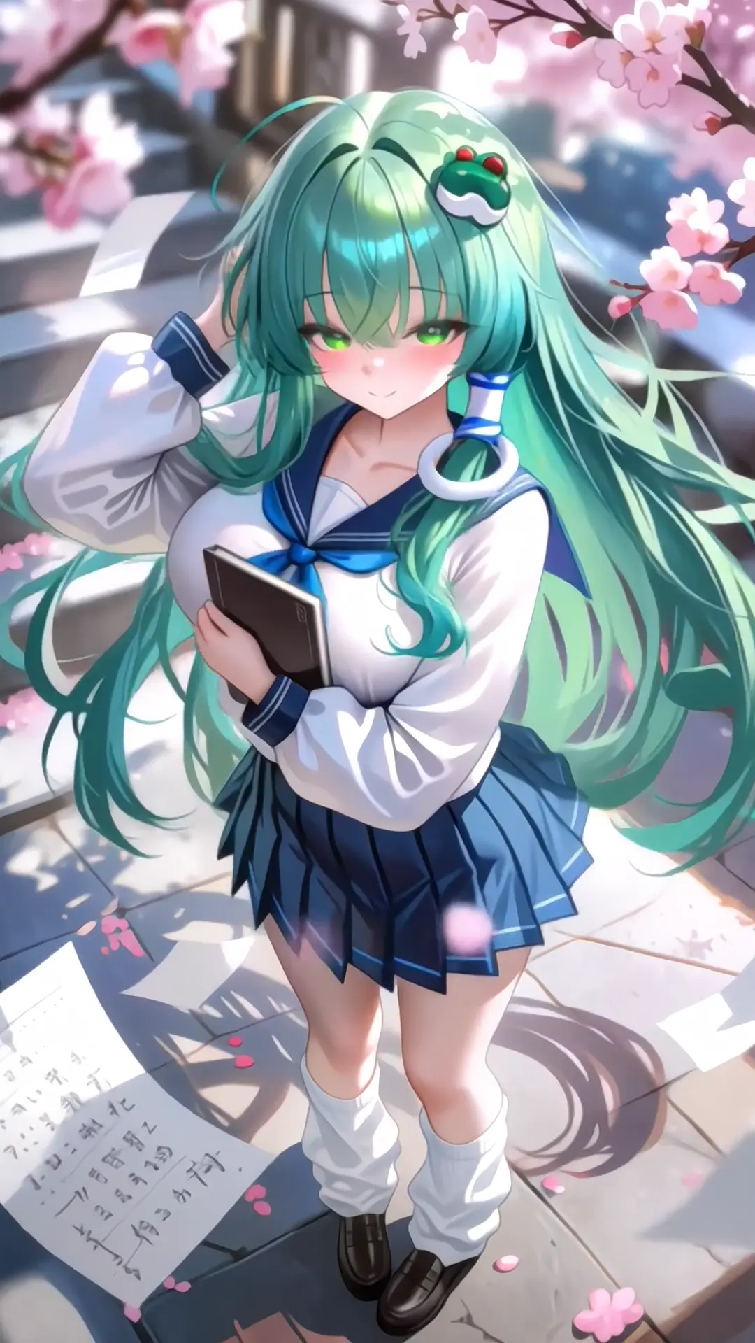 Anime School Girl Under Cherry Blossoms 4K Wallpaper