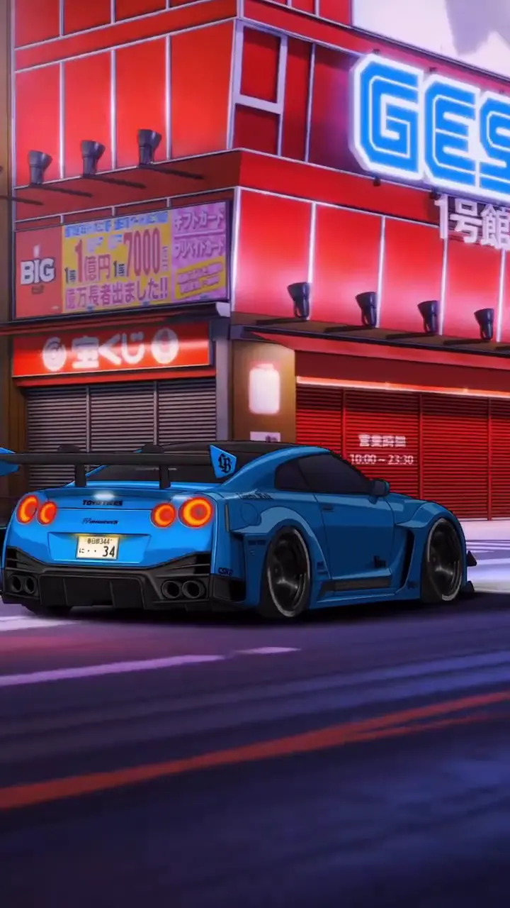 Blue Nissan GT-R R35 in Neon City Night 4K Wallpaper
