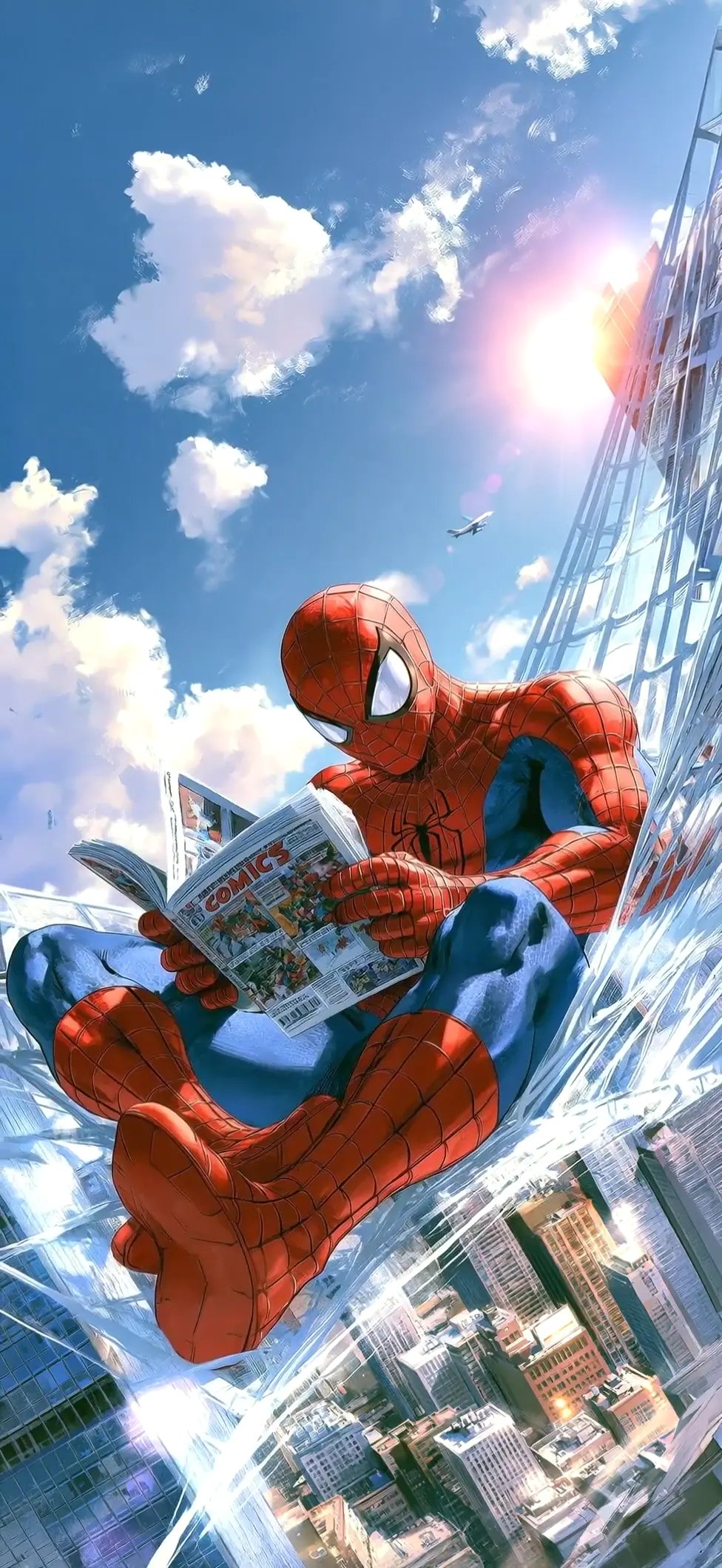Spider-Man Relaxing with Comics in Cityscape Wallpaper