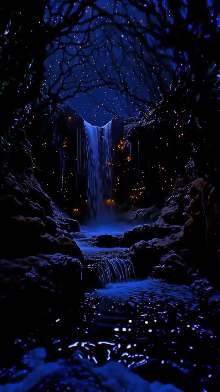 Magical Bioluminescent Waterfall Fantasy Live Wallpaper