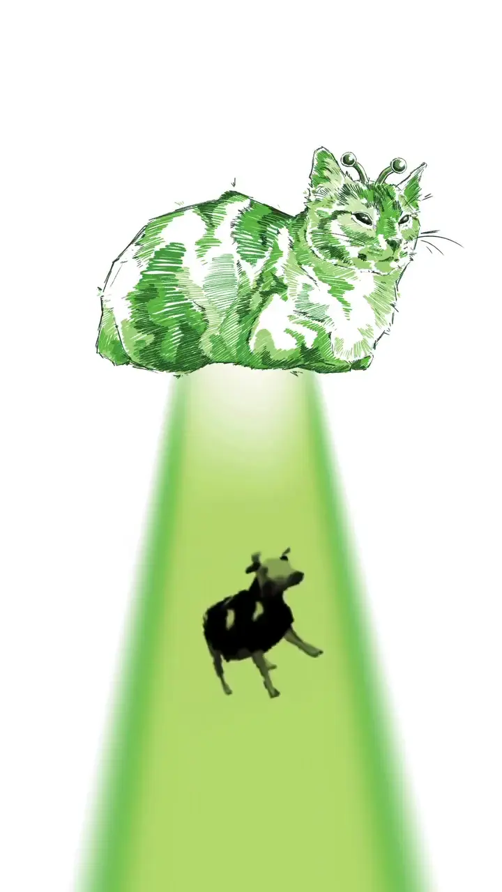 Funny Green Alien Cat Abducting Cow Live Wallpaper