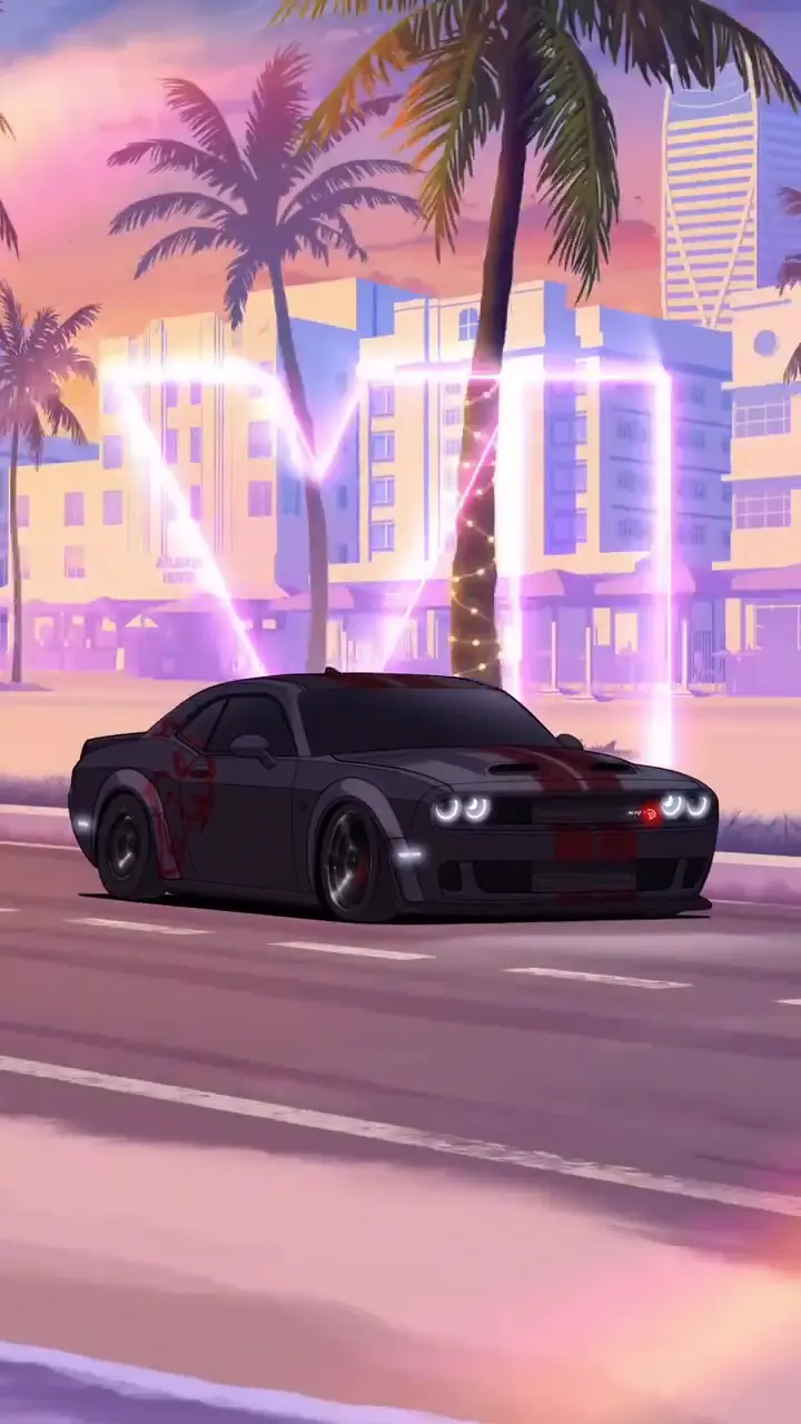 Synthwave Dodge Challenger Neon Sunset Live Wallpaper