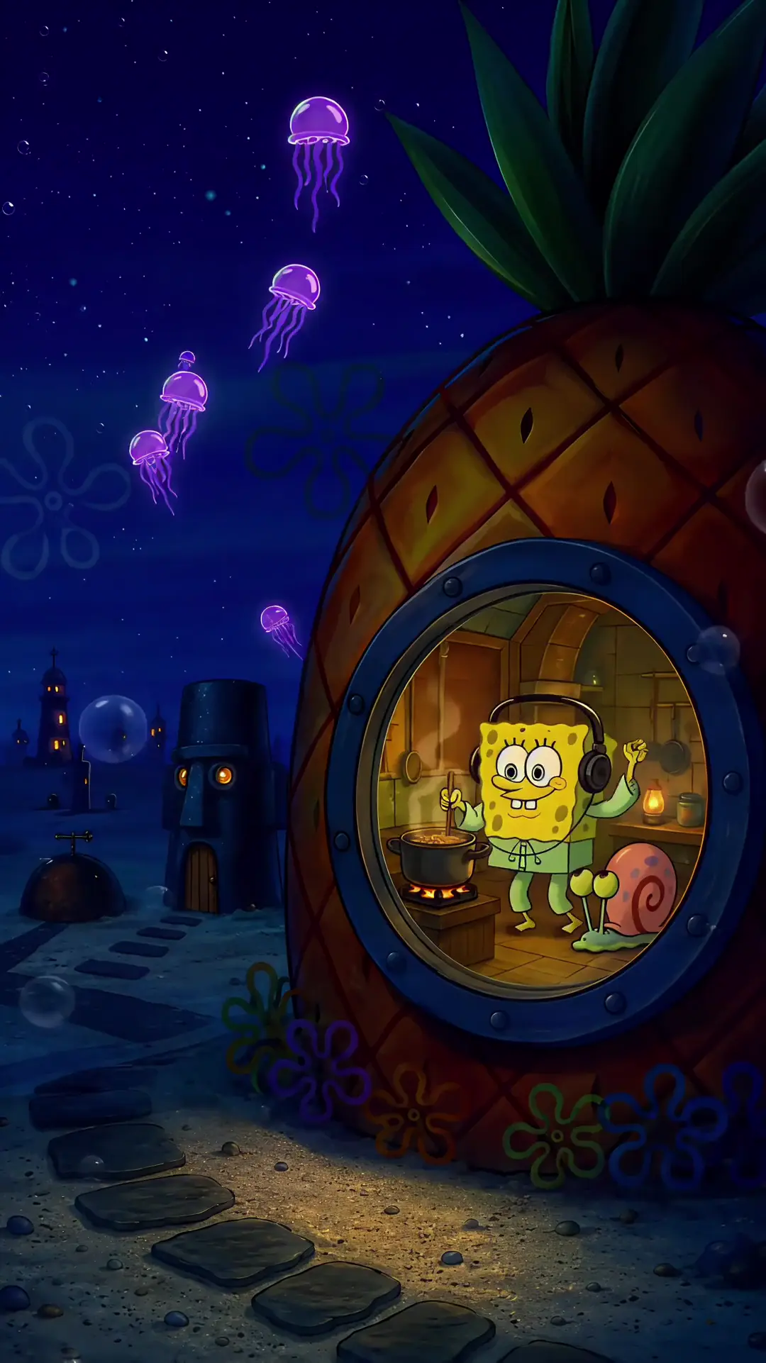 Spongebob Cooking at Night Live Wallpaper in 4K