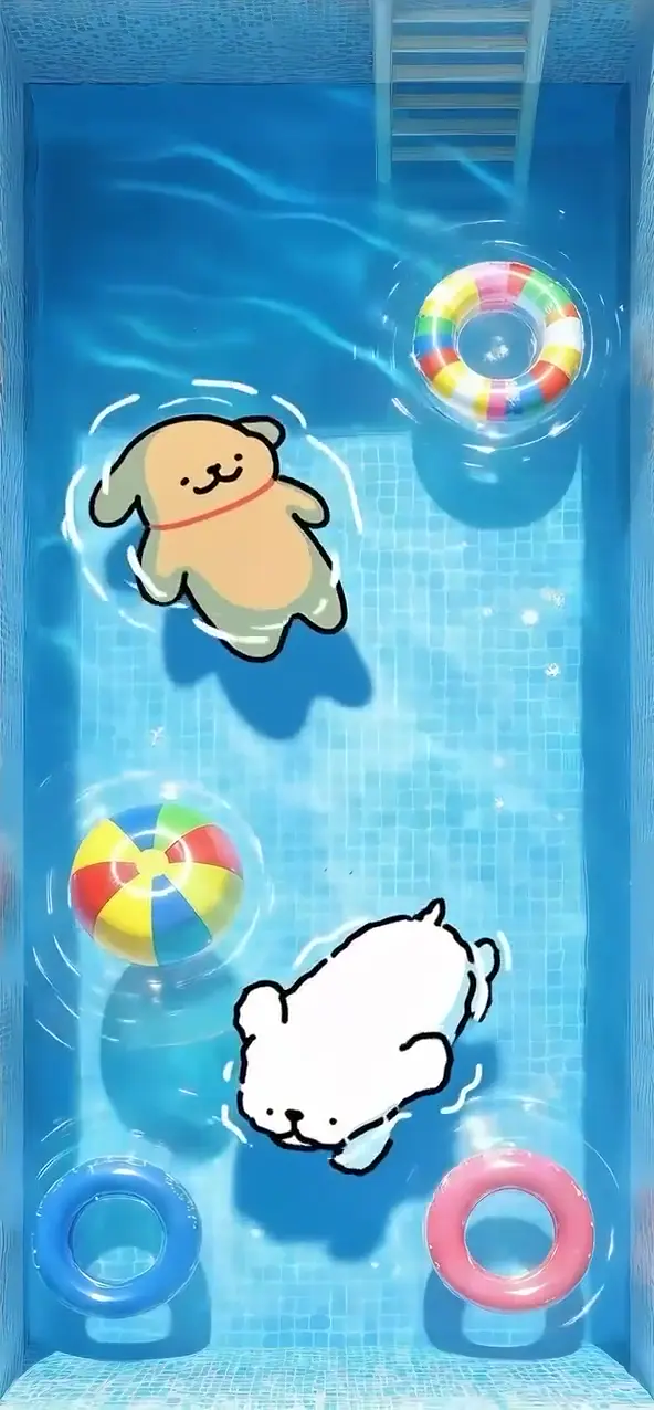 Cute Cartoon Dogs Swimming Pool Summer Wallpaper