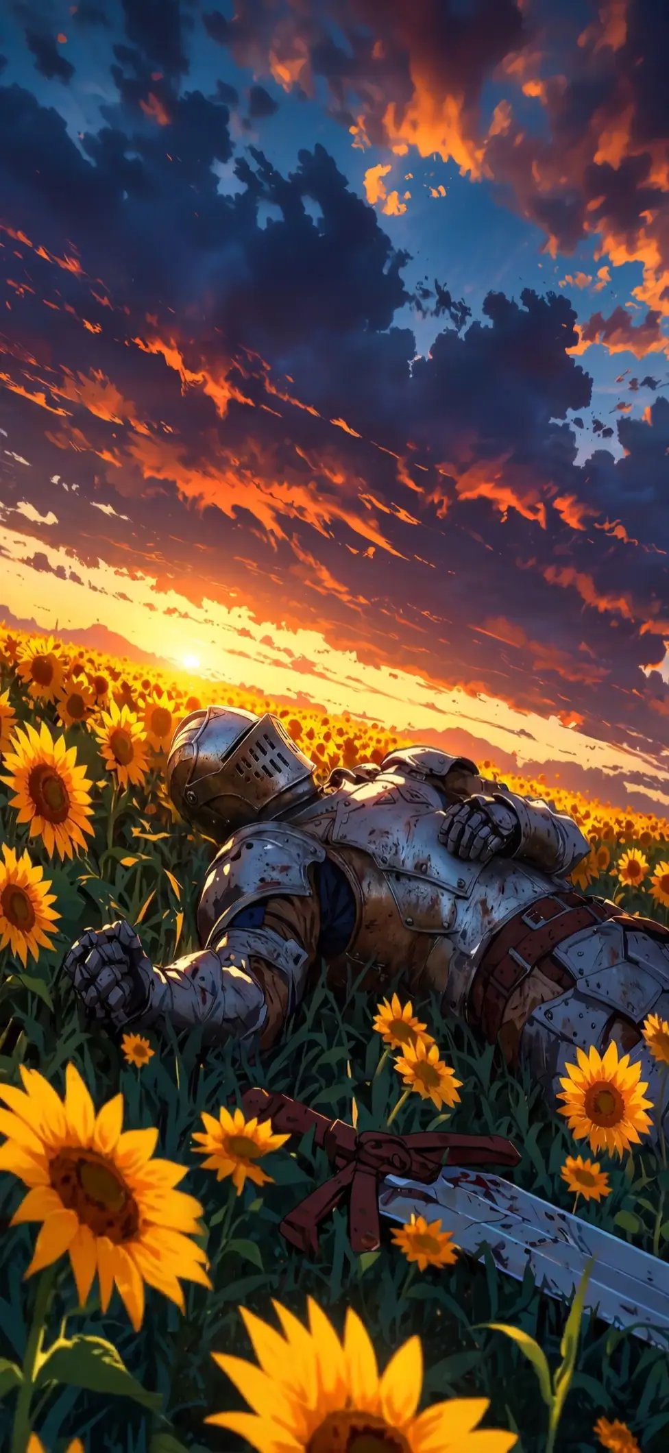Epic Fantasy Knight Live Wallpaper with Sunflowers and Sunse
