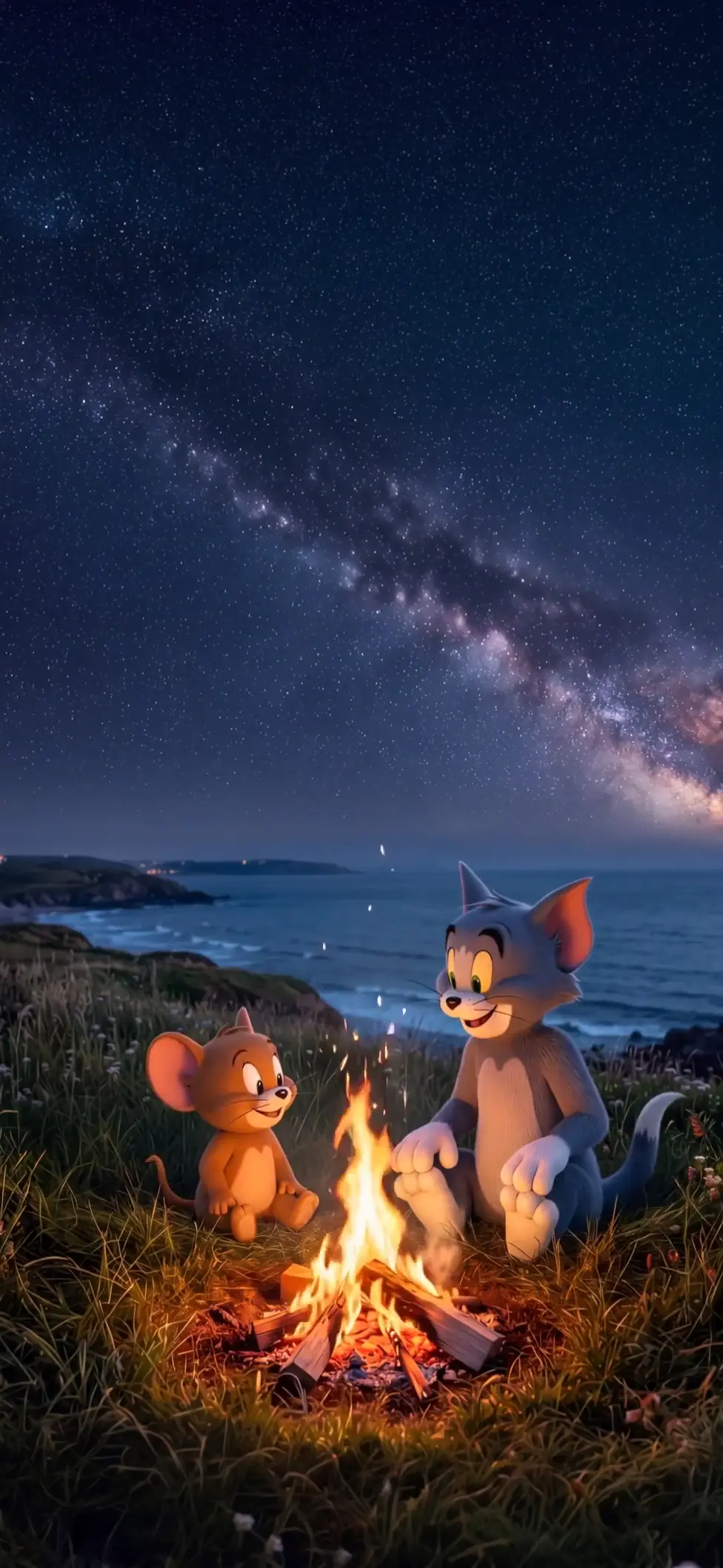 Tom and Jerry Campfire Under Starry Night Wallpaper