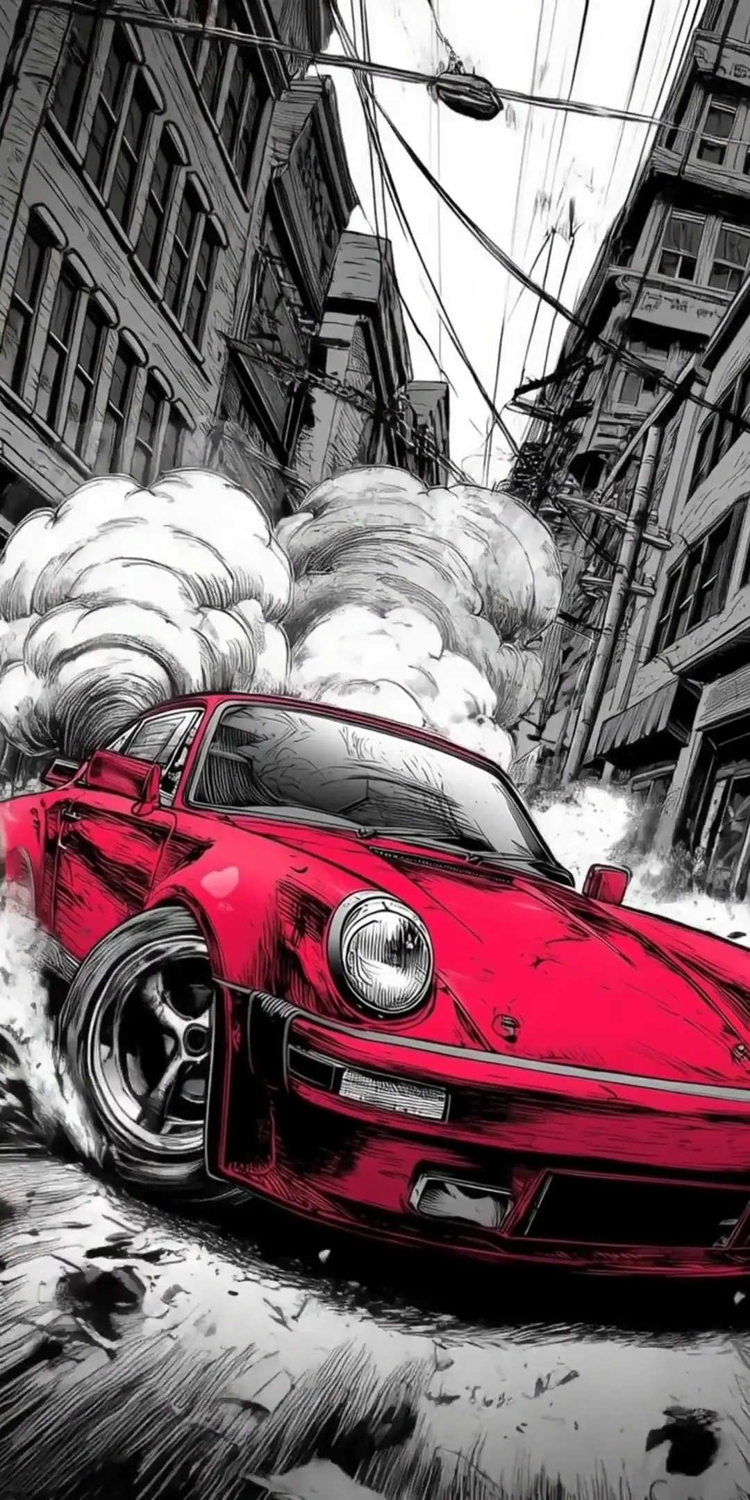 Red Porsche Sport Car Drifting in City - Animated Art