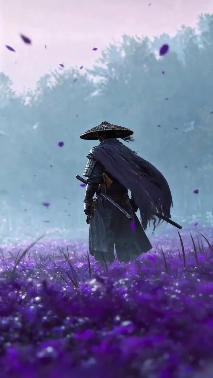 Samurai Warrior in Purple Field Fantasy Wallpaper