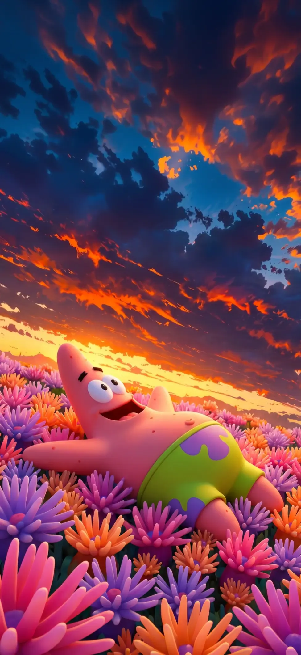 Patrick Star Relaxing at Sunset in 4K Cartoon Wallpaper