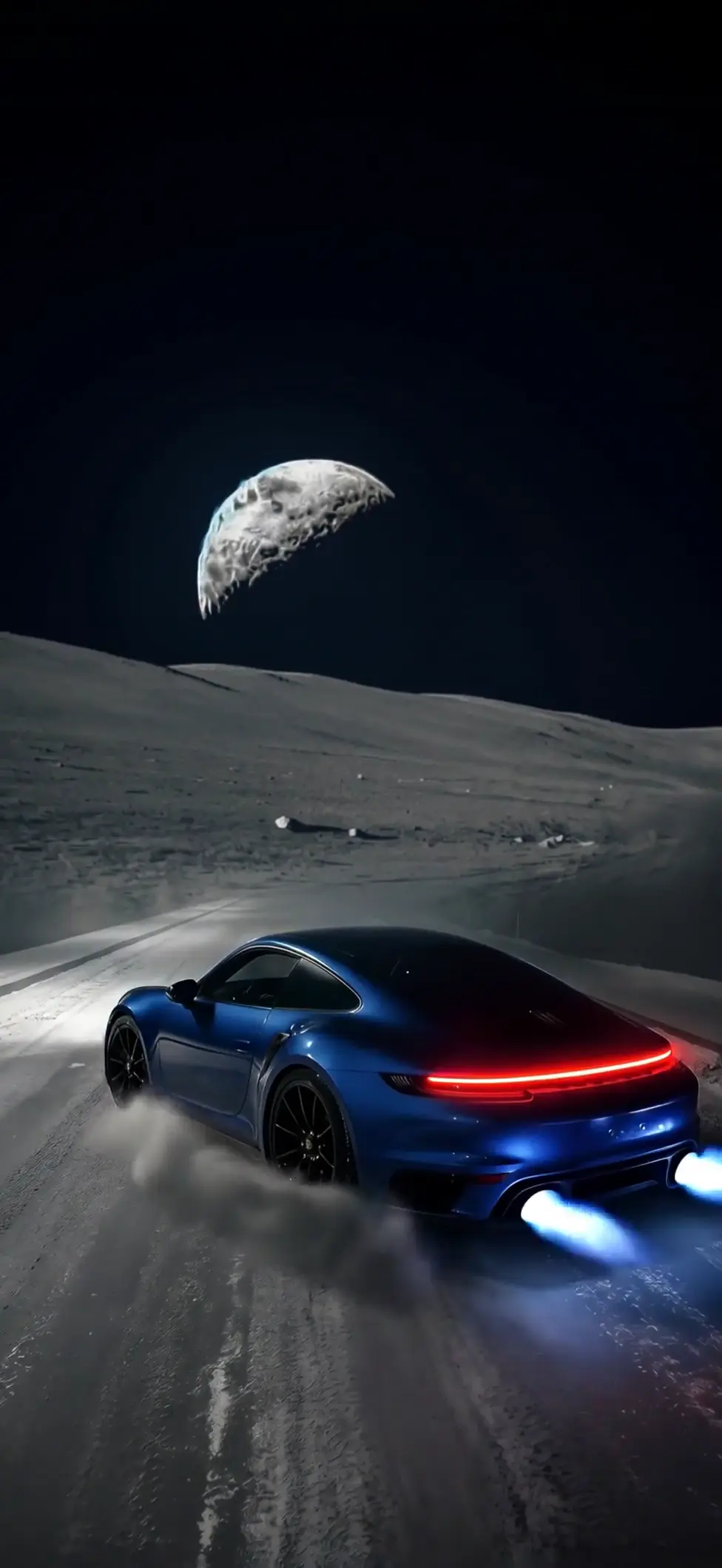 Blue Porsche Sports Car on Lunar Surface Live Wallpaper