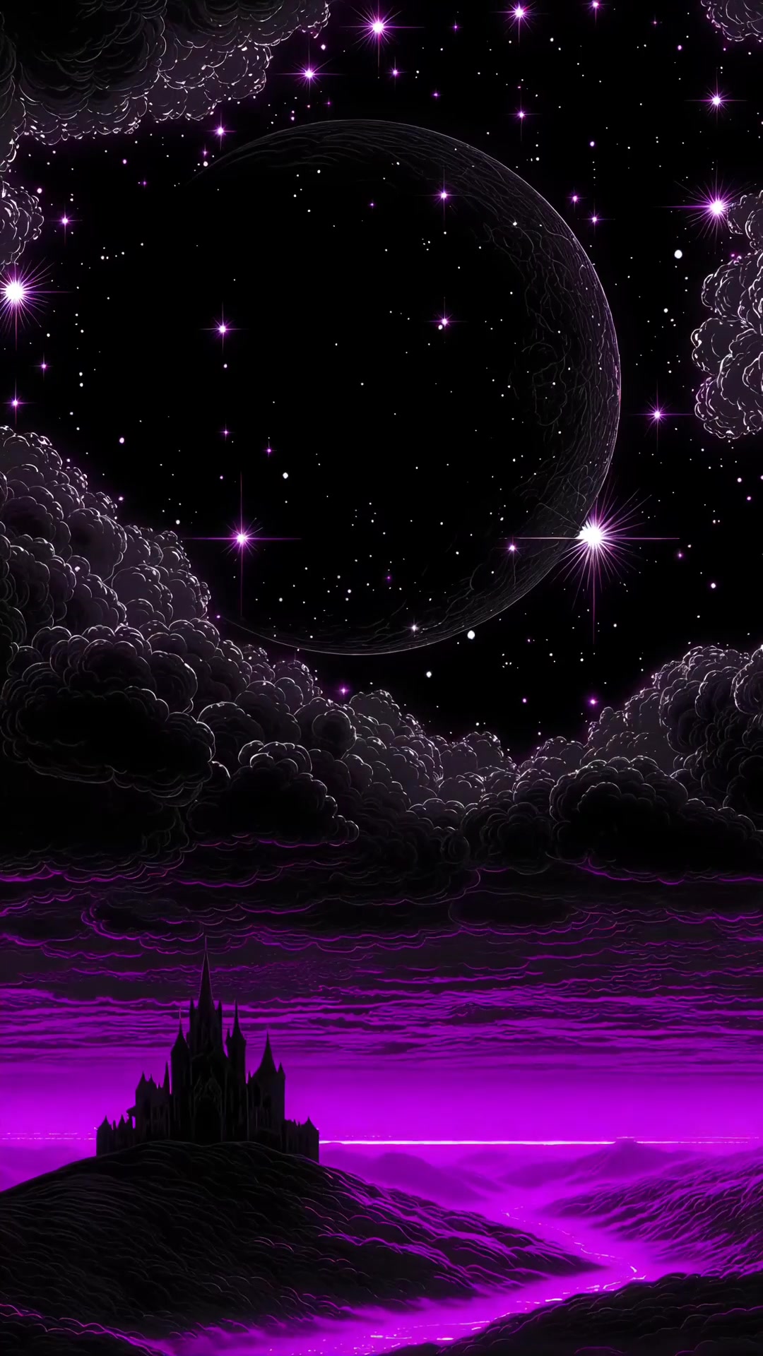 Purple Moonlit Castle in Starry Night Sky
