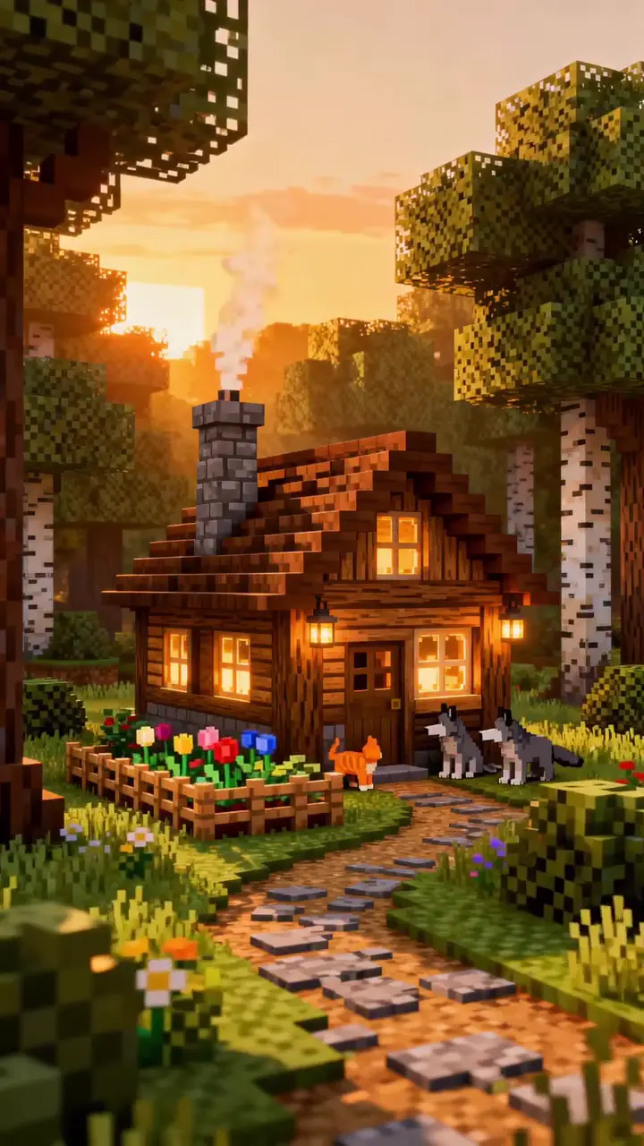 Cozy Minecraft Cabin at Sunset Live Wallpaper