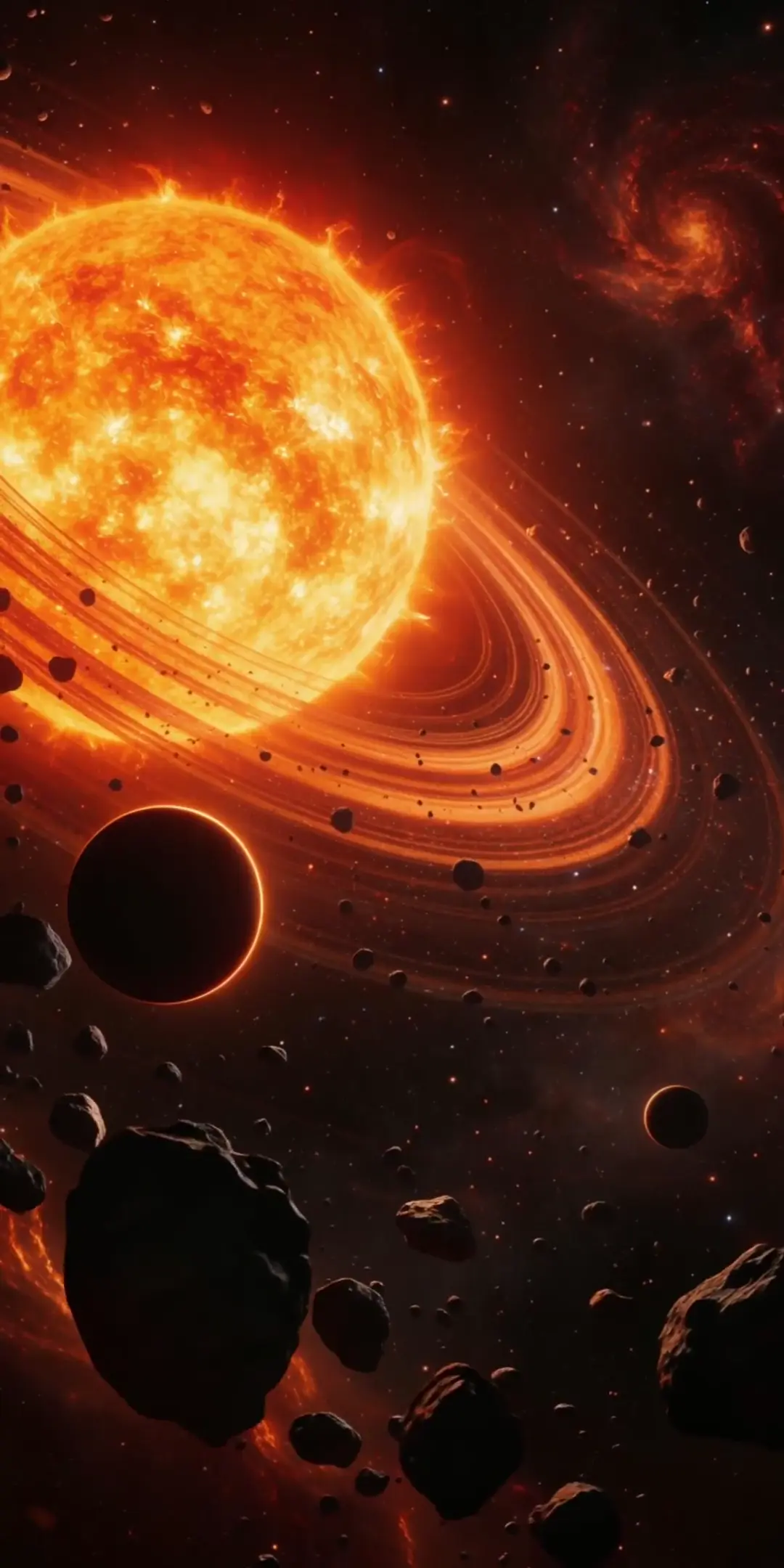 Fiery Star and Asteroid Belt in Deep Space 4K Wallpaper