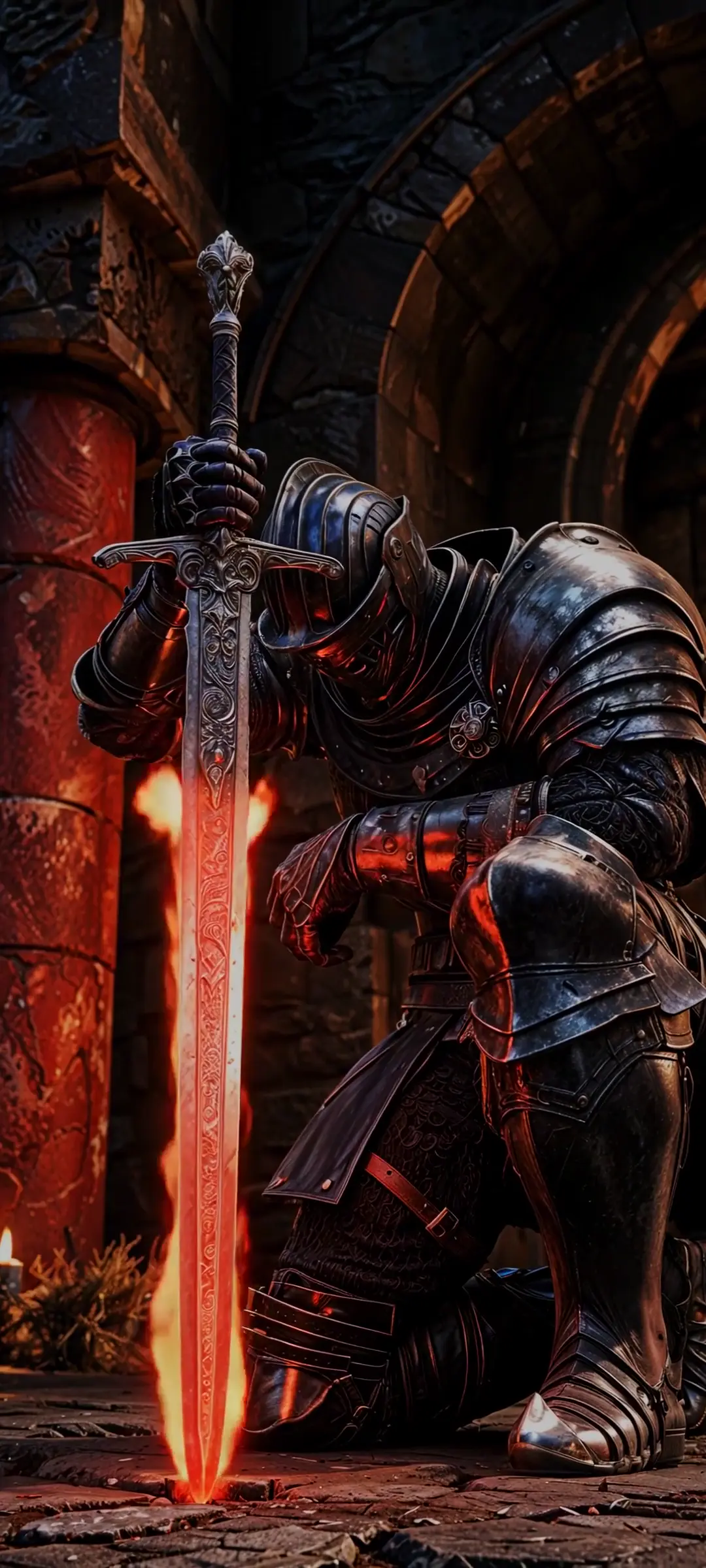 Epic Dark Fantasy Knight with Glowing Red Sword Wallpaper