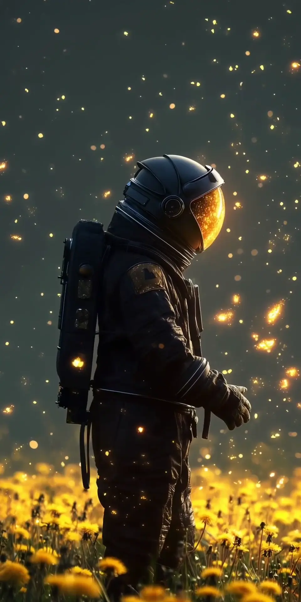 Astronaut Standing in Dandelion Field with Glowing Particles