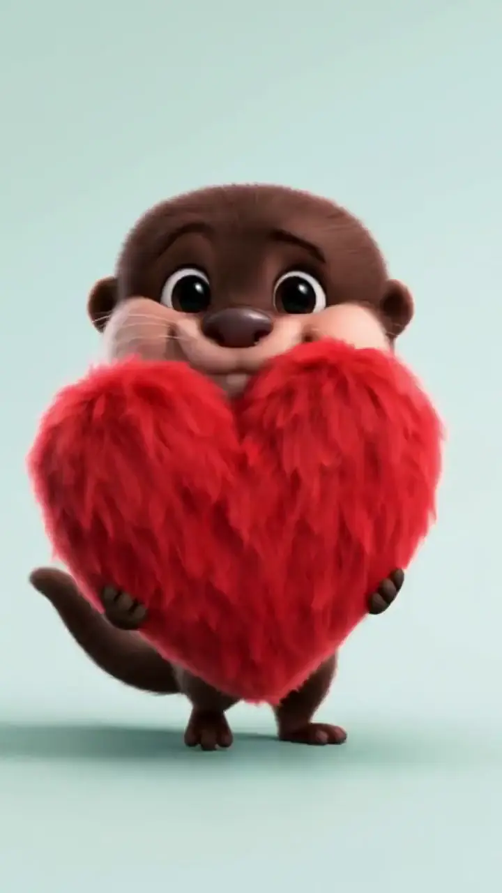 Cute Animated Otter Holding Red Heart 4K Wallpaper