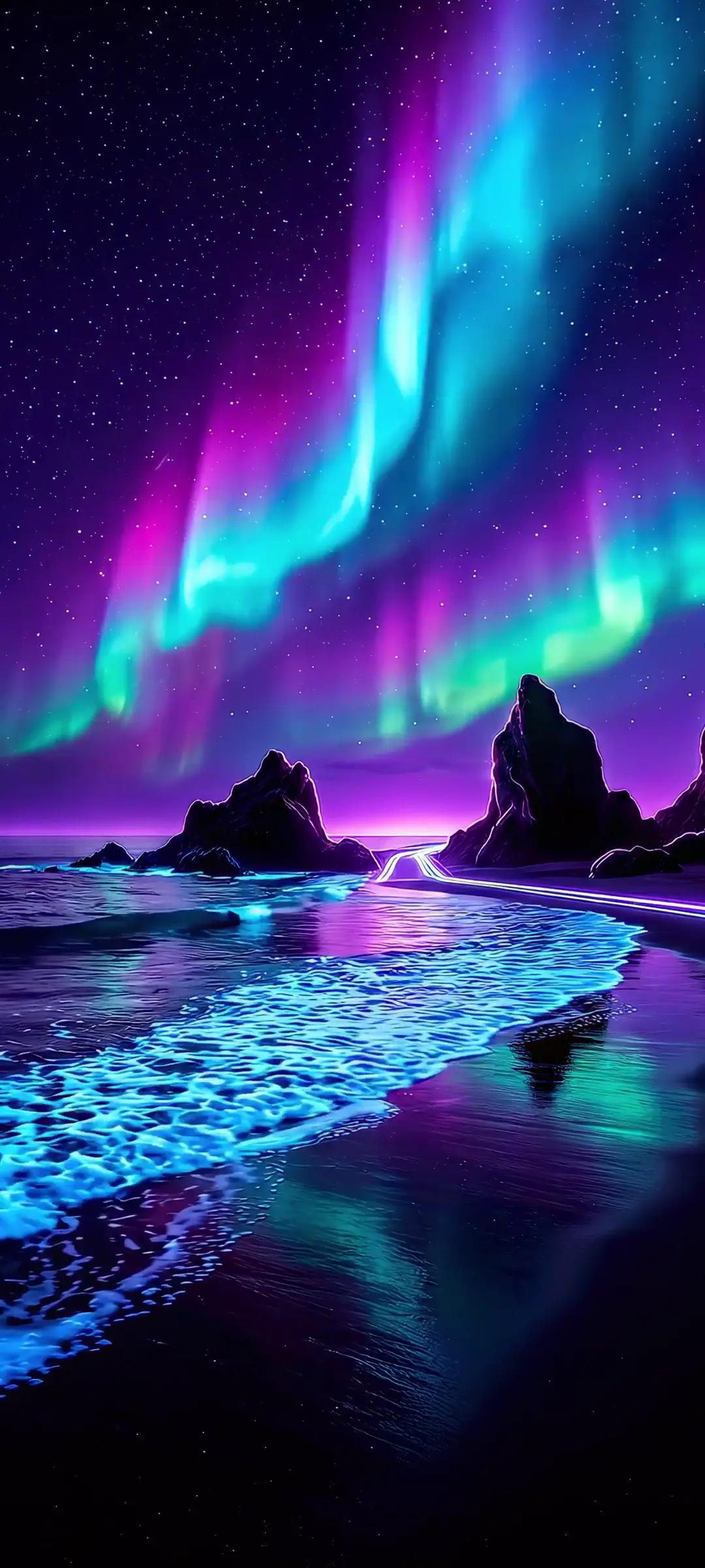 Neon Northern Lights Beach 4K Live Wallpaper