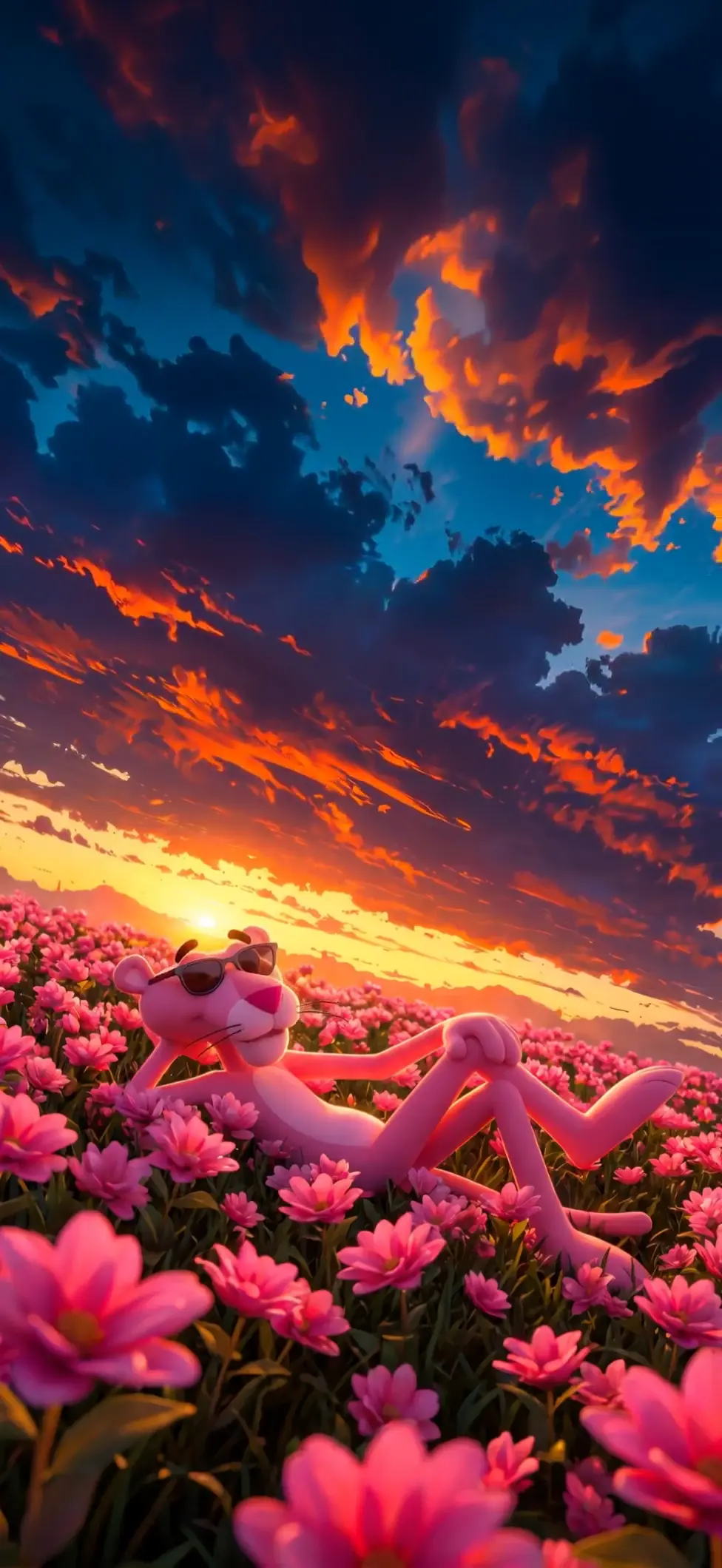 Pink Panther Relaxing in Flower Field at Sunset Wallpaper