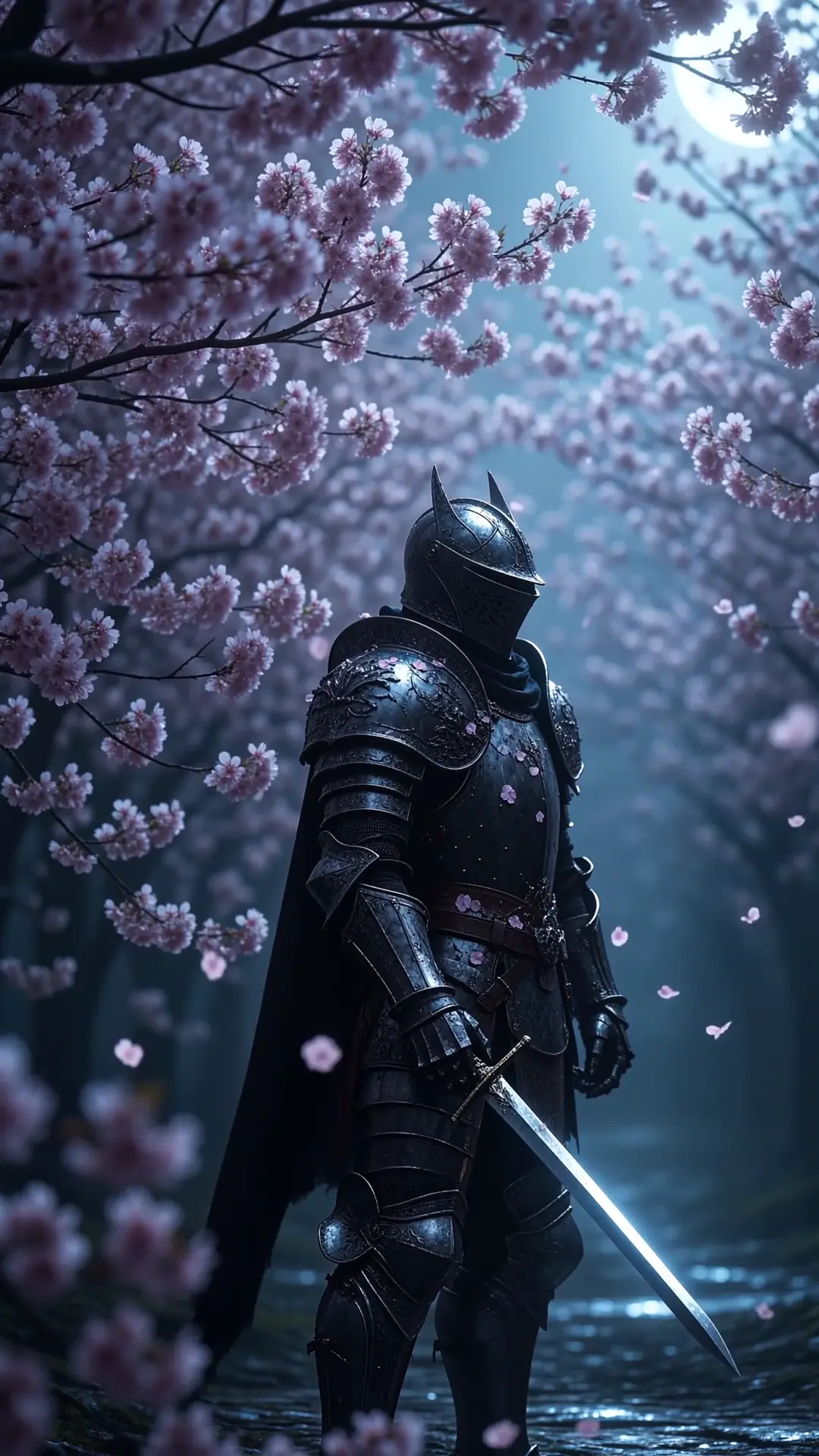 Moonlit Knight Among Cherry Blossoms Fantasy Wallpaper