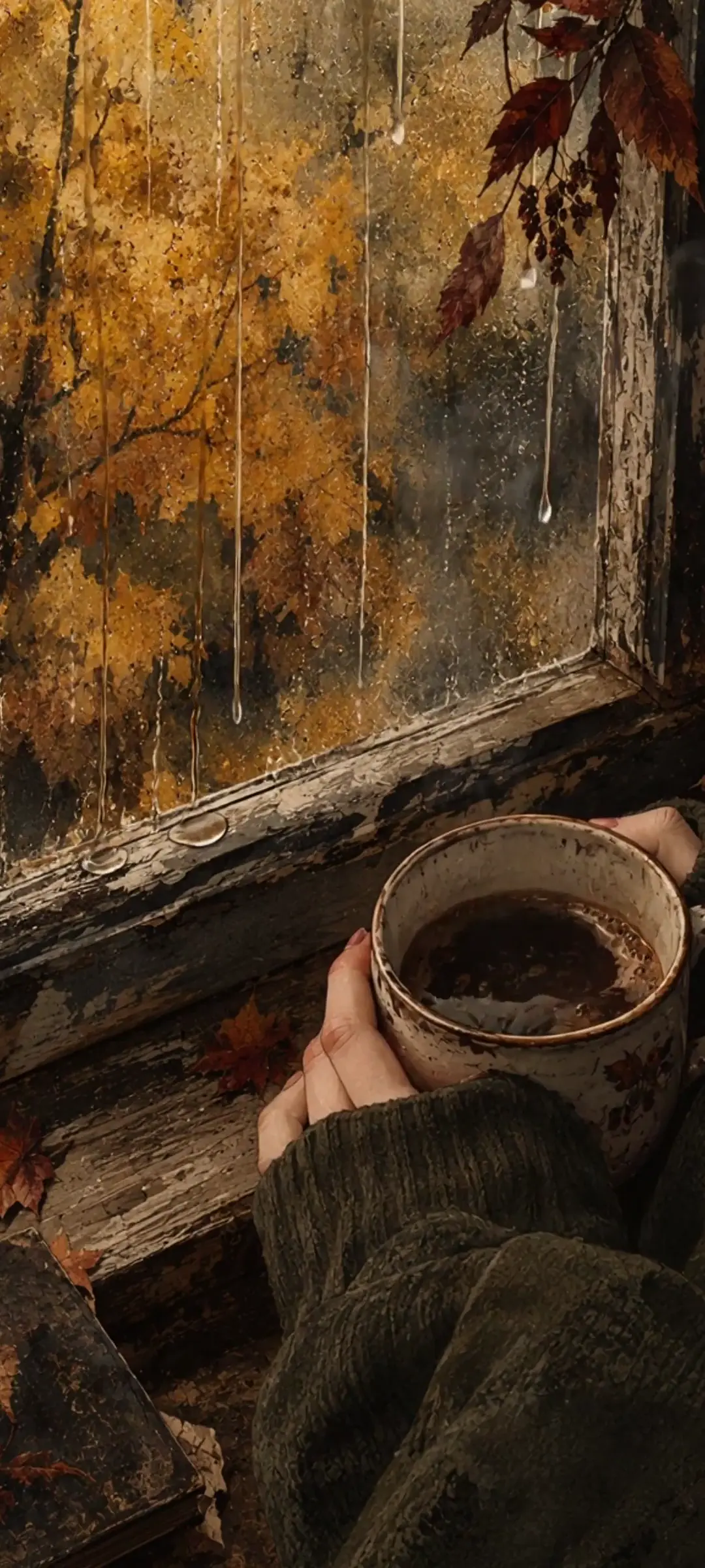 Cozy Autumn Rain at Window with Coffee Mug Wallpaper