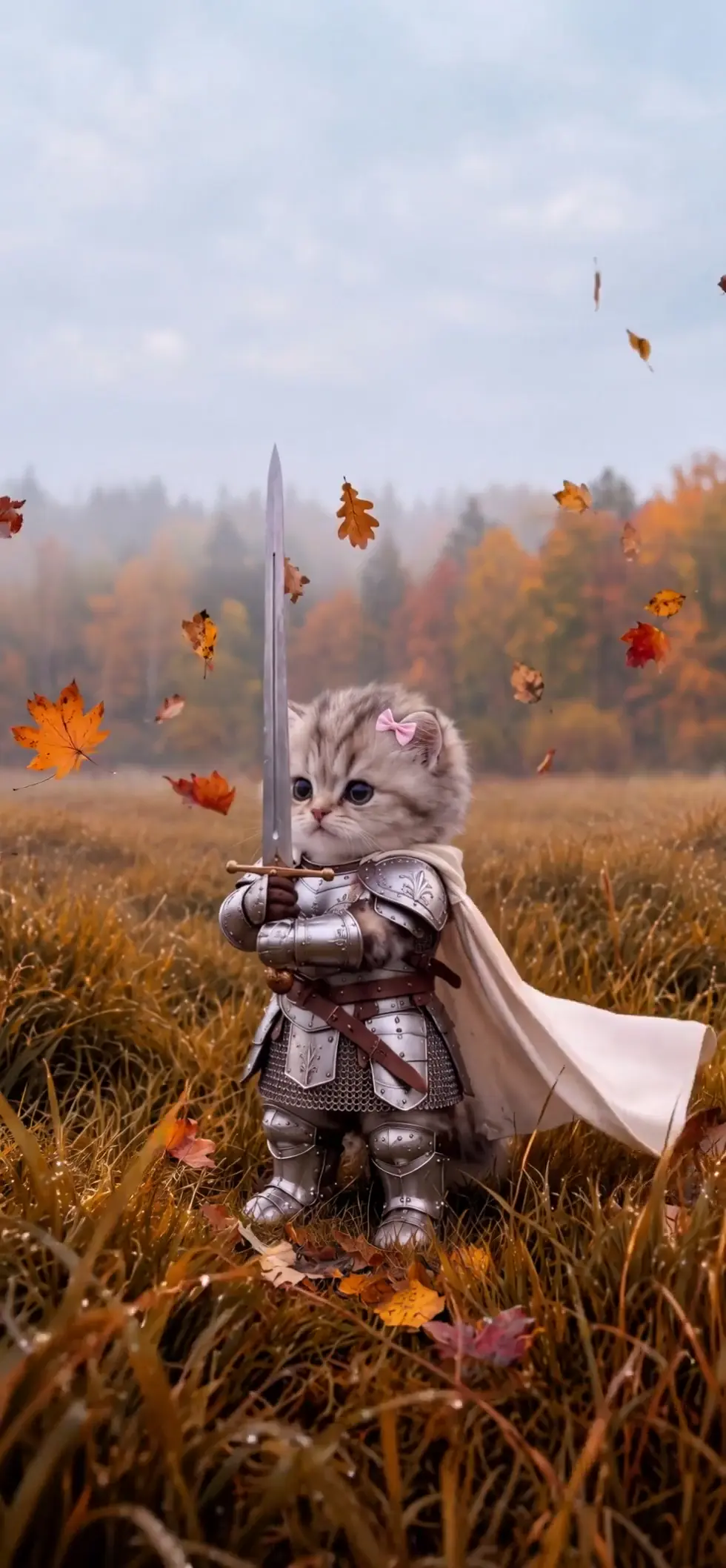 Cute Kitten Knight in Autumn Fantasy 4K Wallpaper